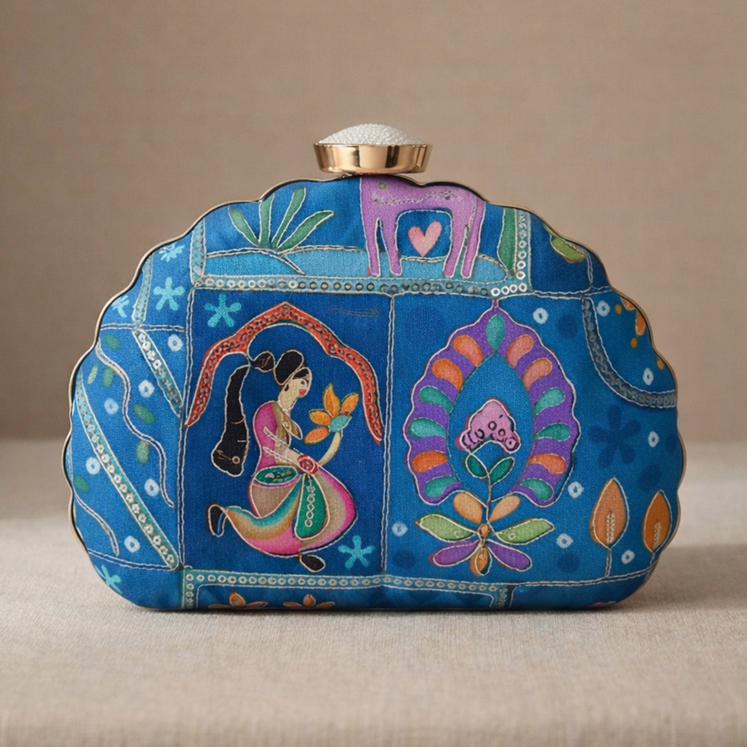 Artklim Blue Folk Art Embroidered Clutch