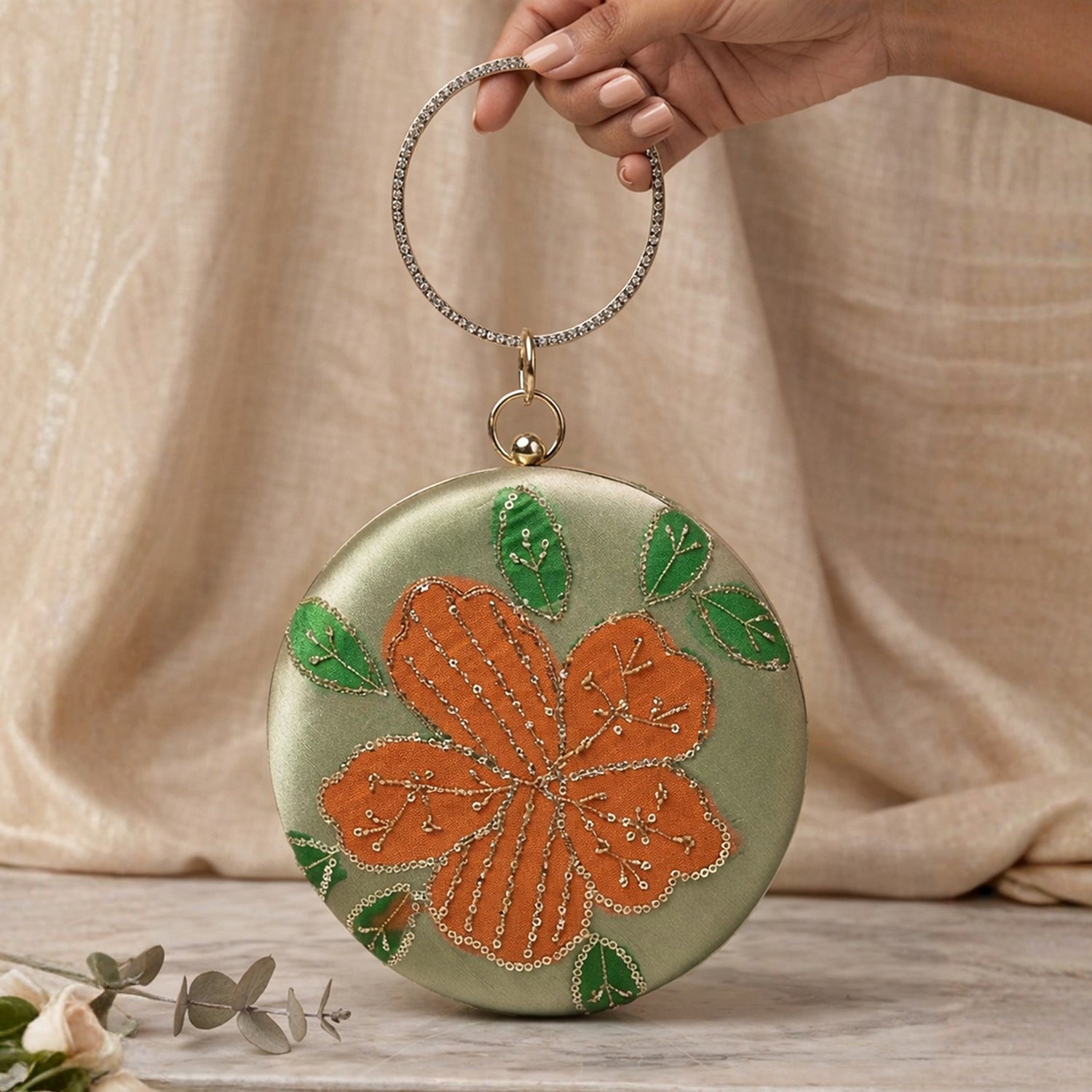 Artklim Sage Blossom Green Satin Floral Embroidered Round Clutch