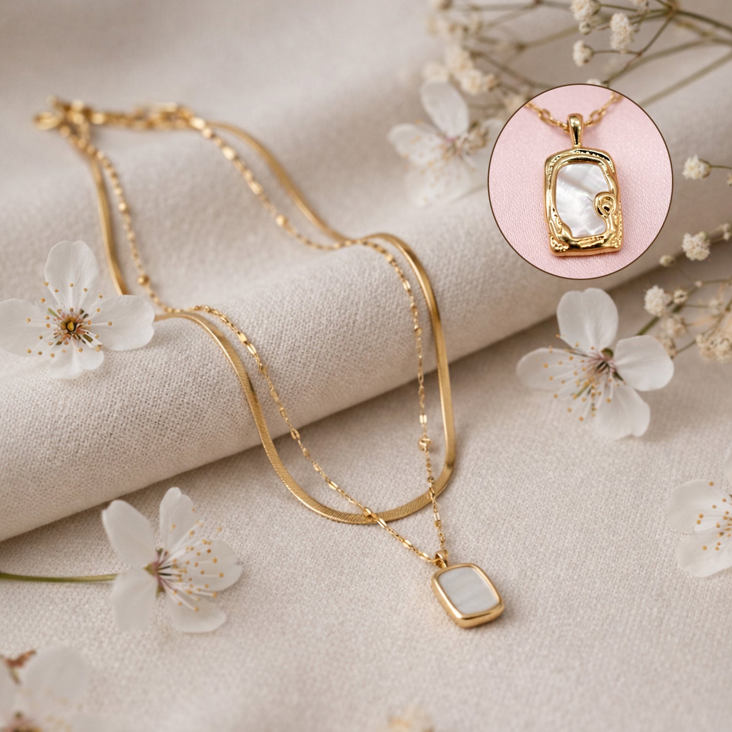 Artklim Gold-Plated Double Layer with Minimal Square Anti-Tarnish Pendant Necklace