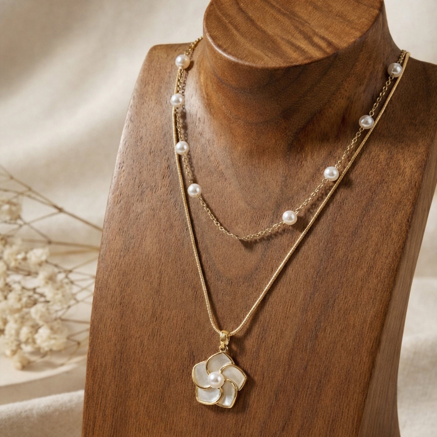 Artklim Gold-Plated Elegant Pearl Layered with Floral Charm Anti-Tarnish Pendant Necklace