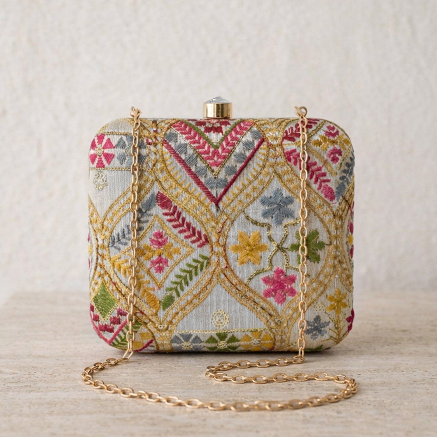 Artklim Elegant Multicolor Floral Embroidered Box Clutch