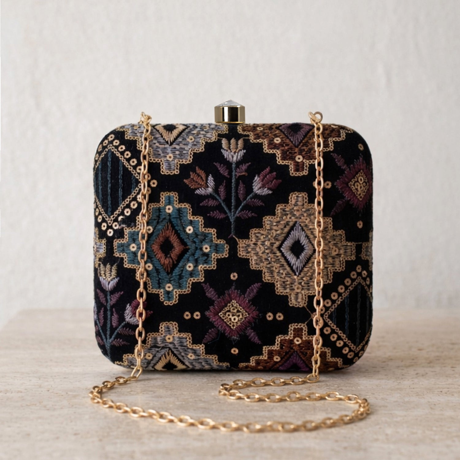 Artklim Elegant Black Multicolor Embroidered Box Clutch