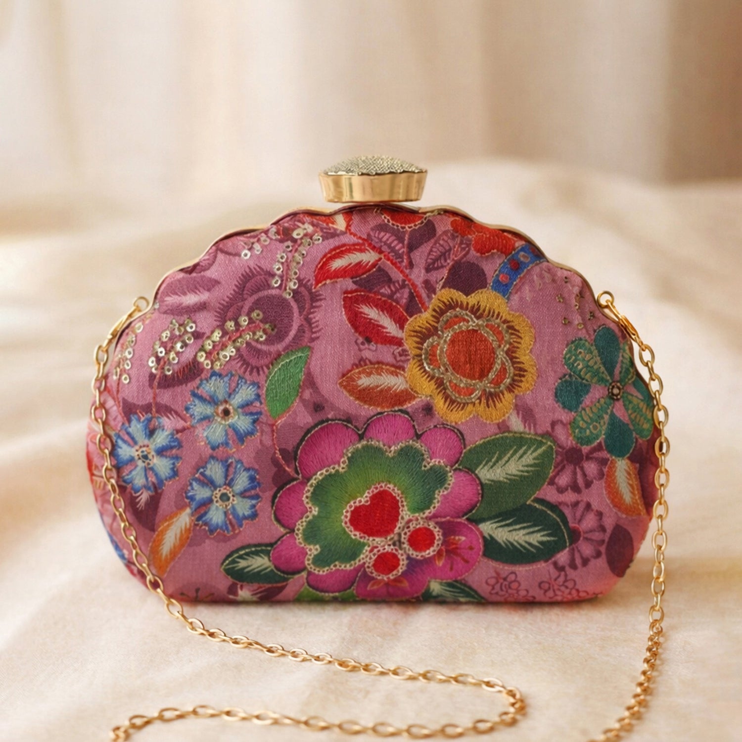Artklim Elegant Pink Floral Ethnic Embroidered Clutch