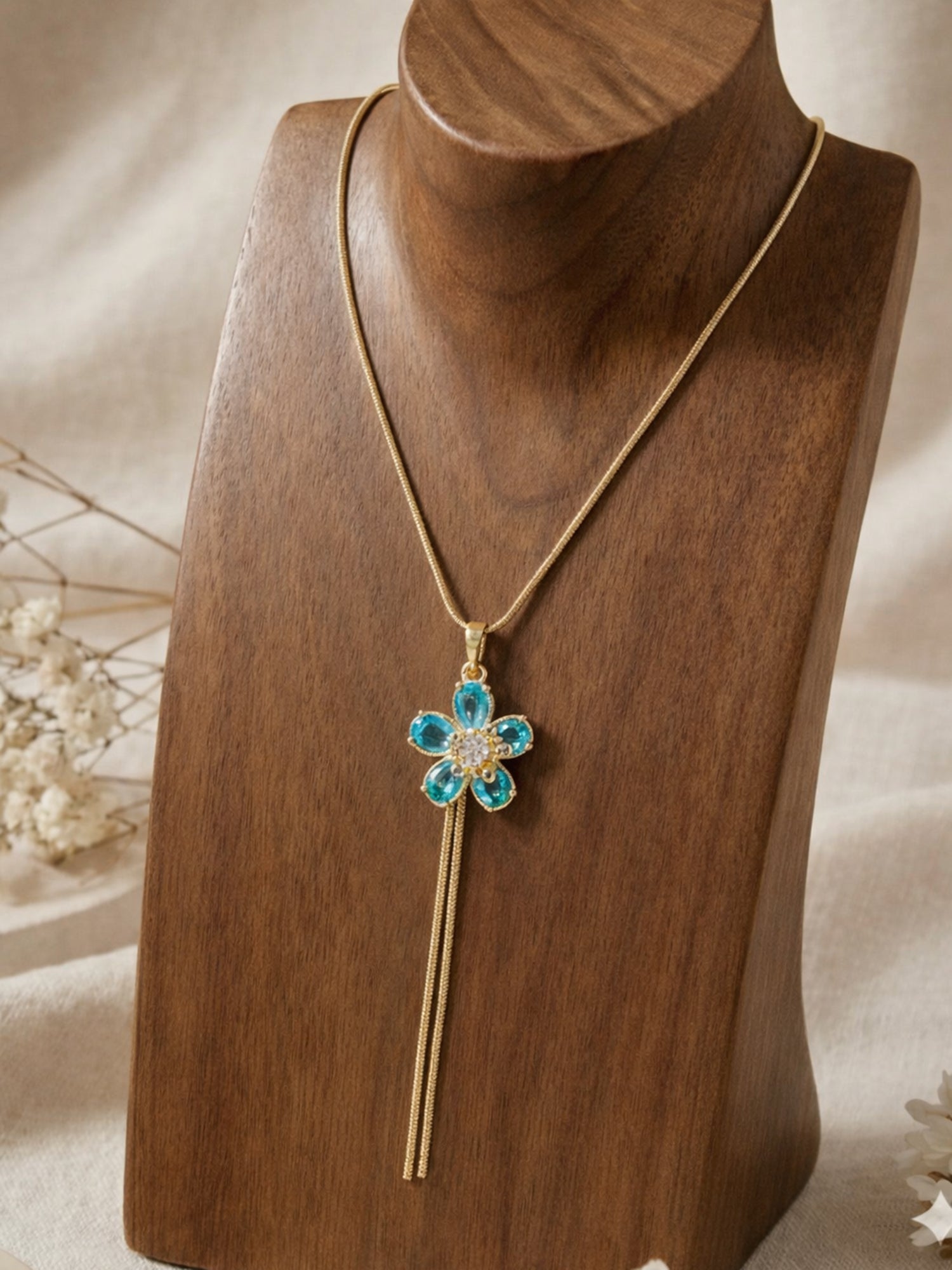 Artklim Gold-Plated Blue Crystal Flower Lariat Anti-Tarnish Pendant Necklace