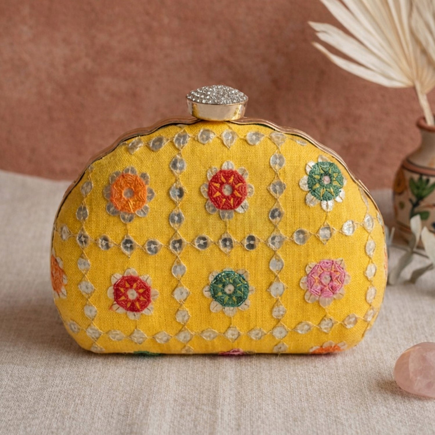 Artklim Stylish Yellow Ethnic Embroidred Clutch