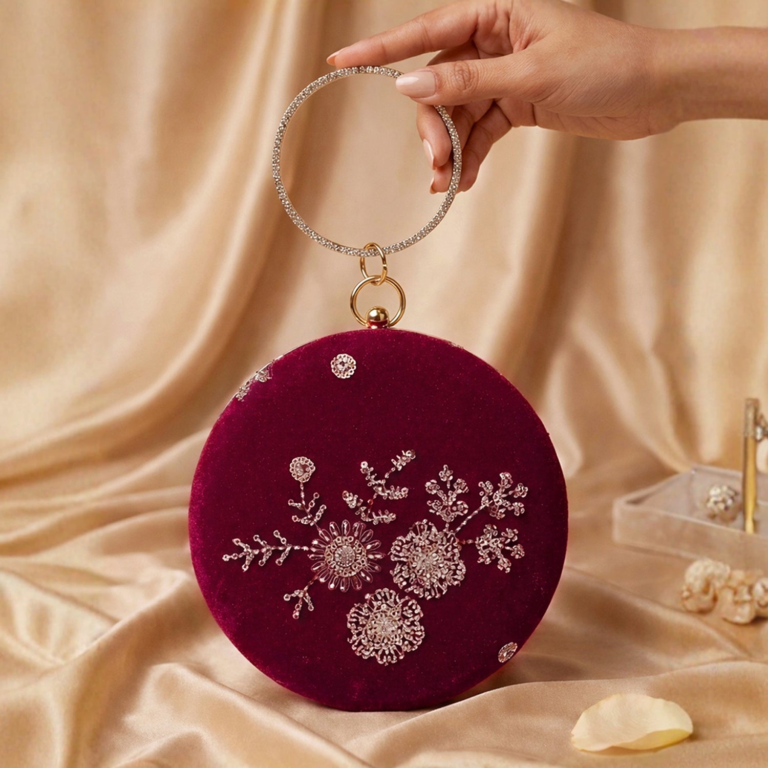 Artklim Dark Pink Velvet Floral Round Embroidered Clutch