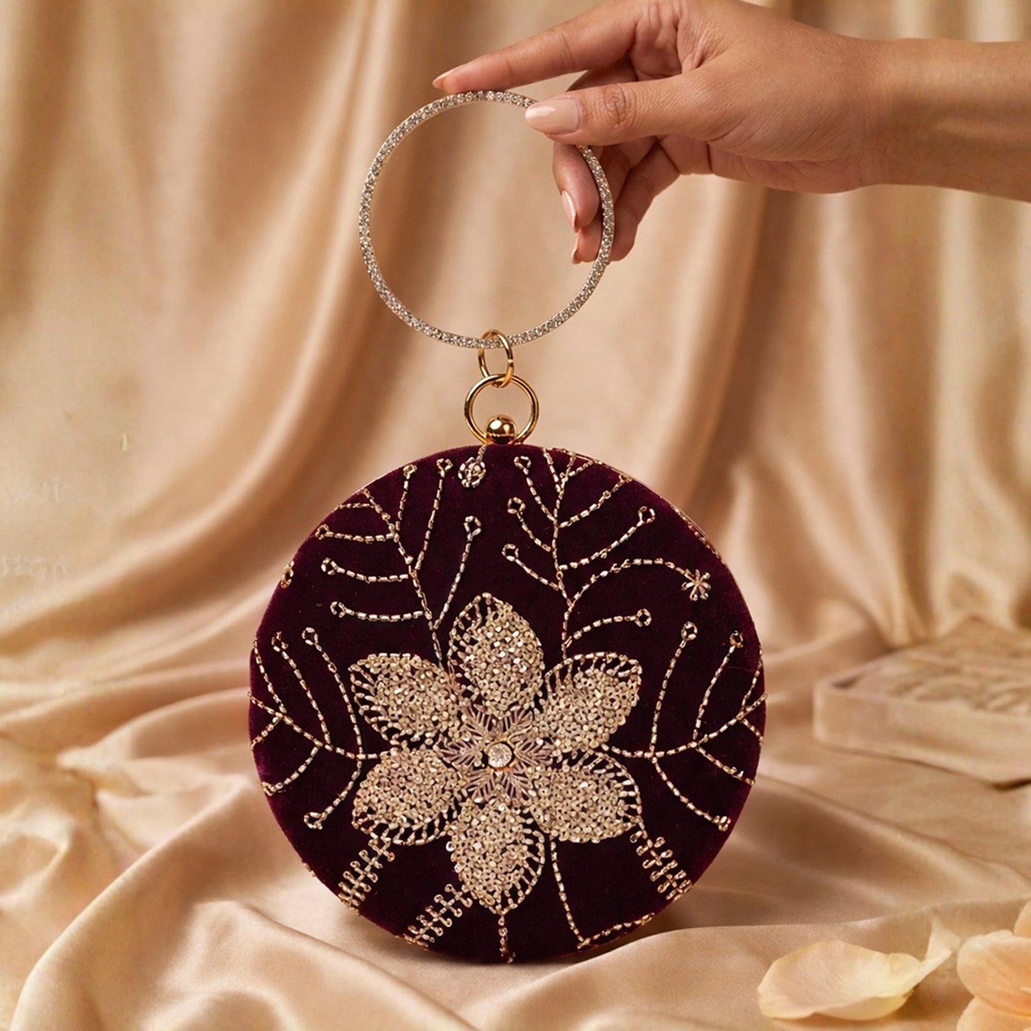 Artklim Wine Velvet Floral Round Embroidered Clutch