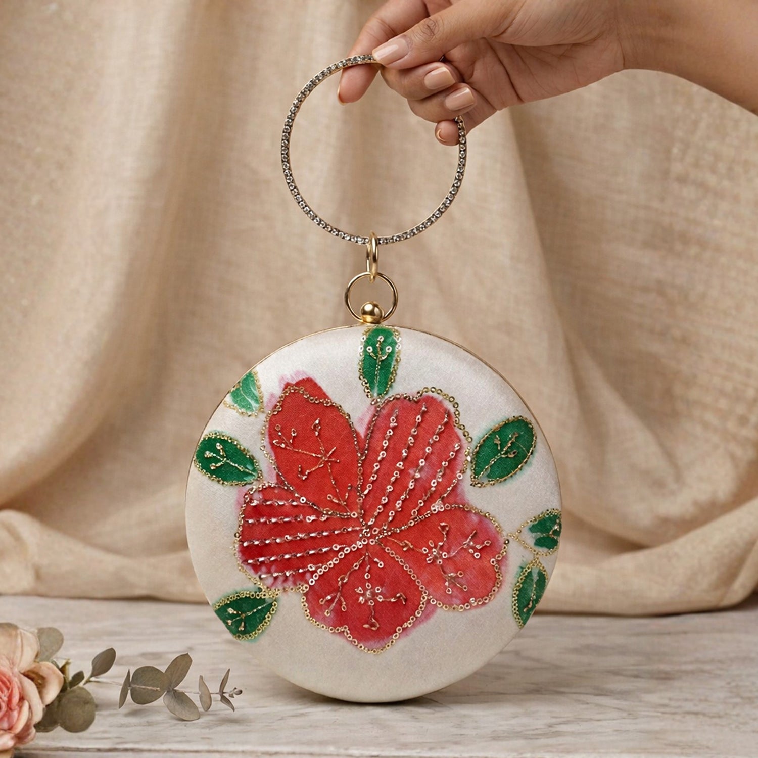 Artklim Ivory Garden Floral Sequin Embroidered Round Clutch