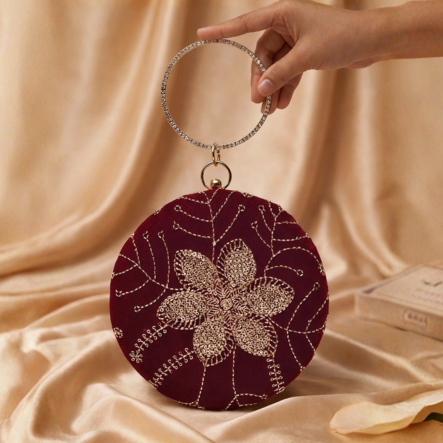 Artklim Maroon Velvet Floral Round Embroidered Clutch