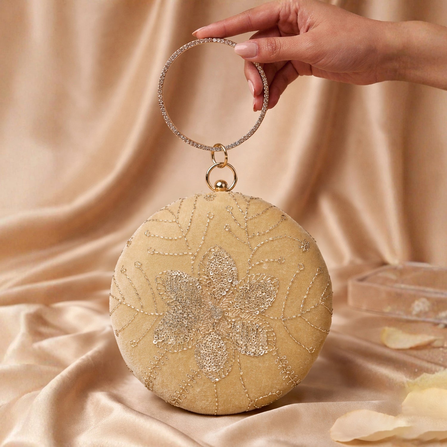 Artklim Light Gold Velvet Floral Round Embroidered Clutch