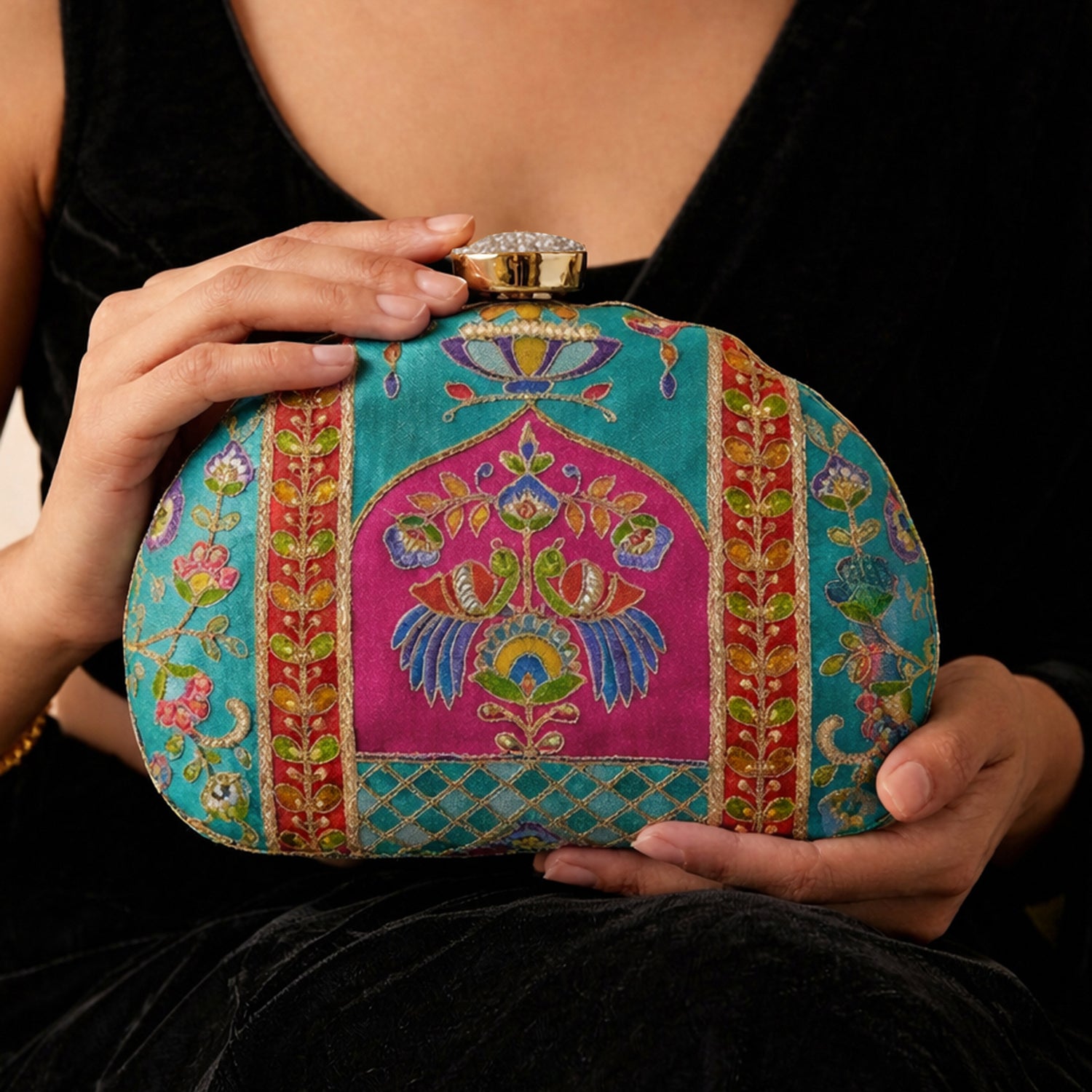 Artklim Elegant Blue & Pink Traditional Motif Embroidred Clutch