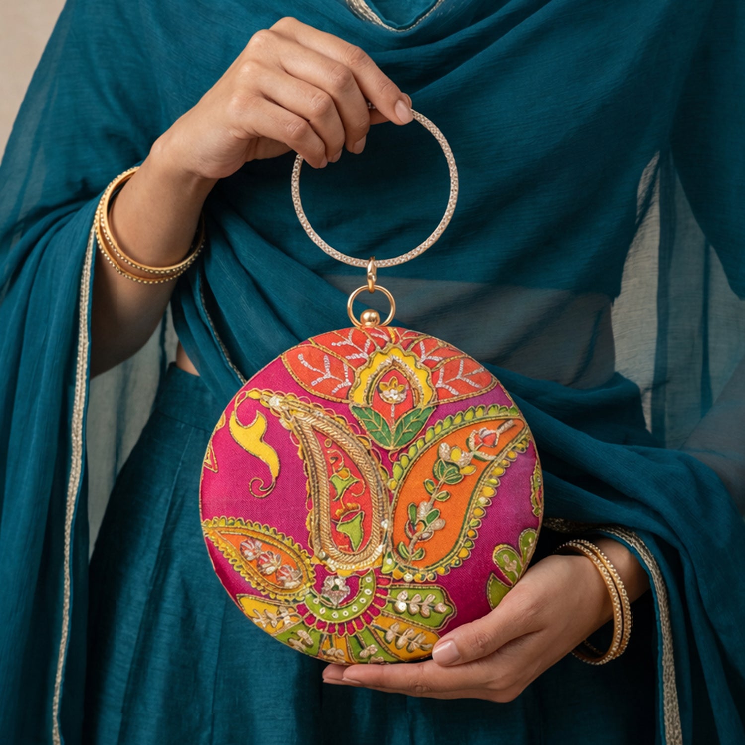Artklim Pink Ethnic Round Embroidered Clutch