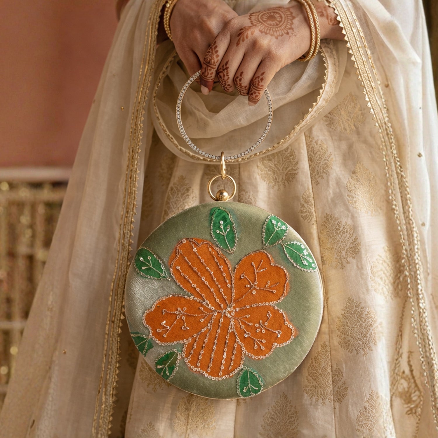 Artklim Sage Blossom Green Satin Floral Embroidered Round Clutch