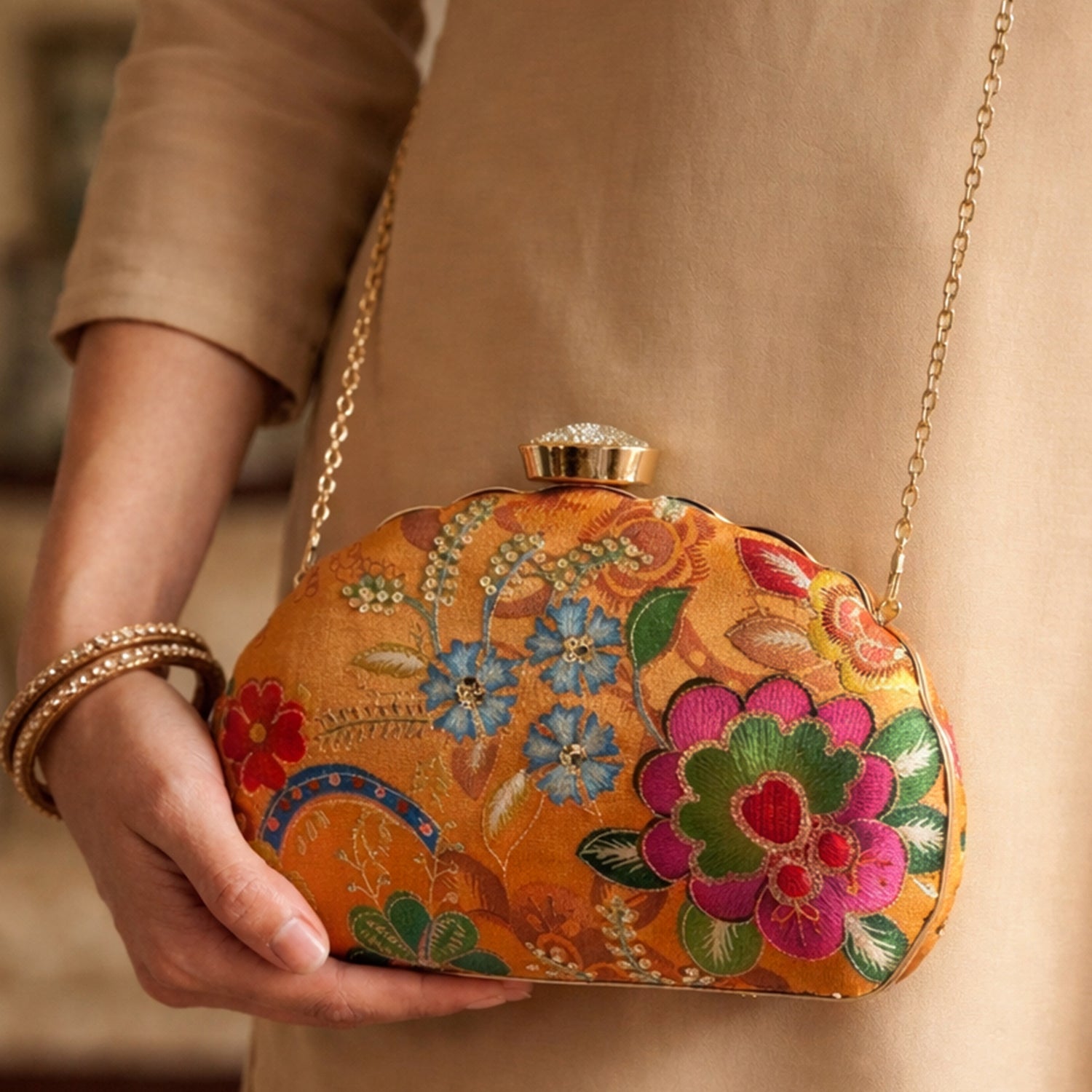 Artklim Elegant Orange Floral Ethnic Embroidered Clutch