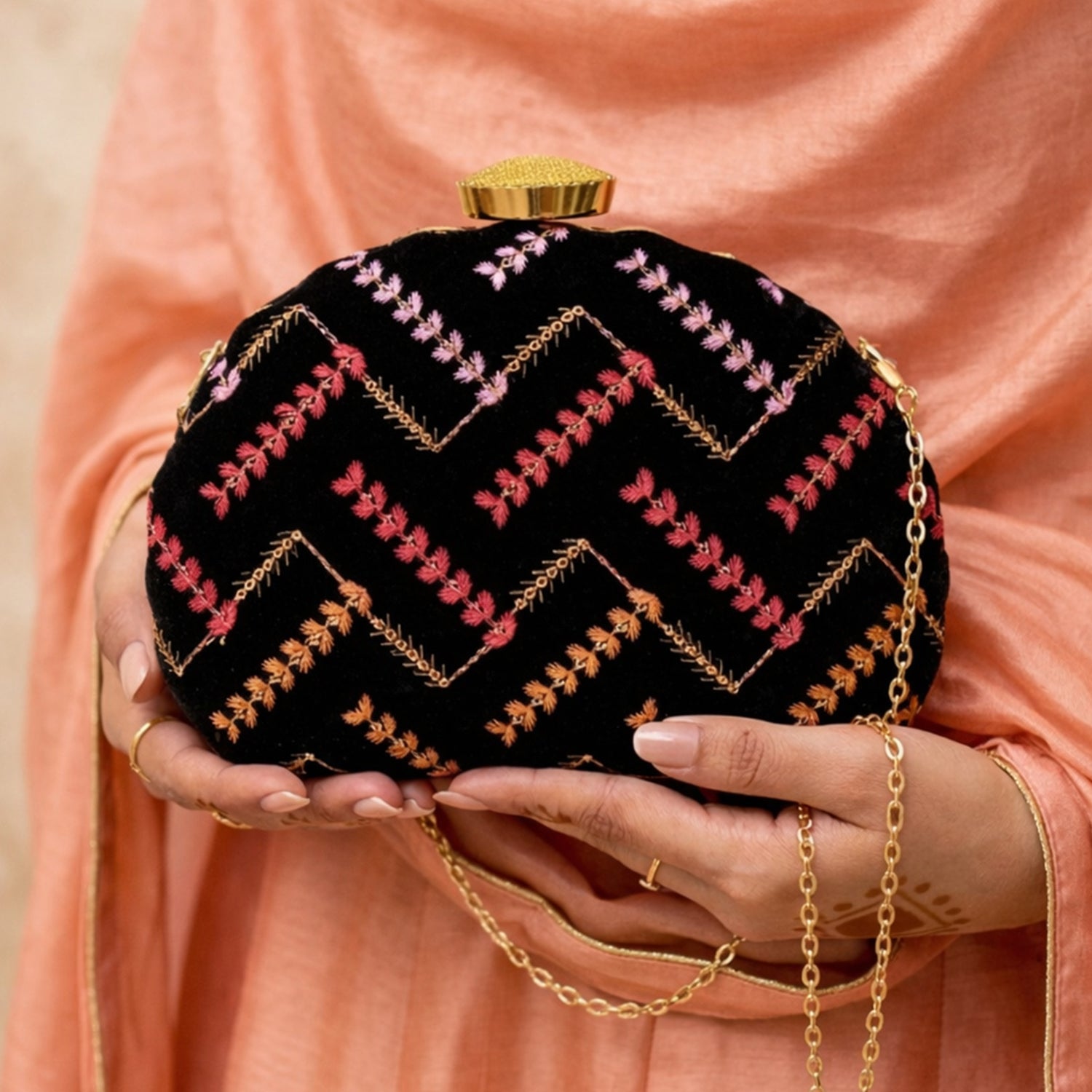Artklim Black Zigzag Embroidered Clutch