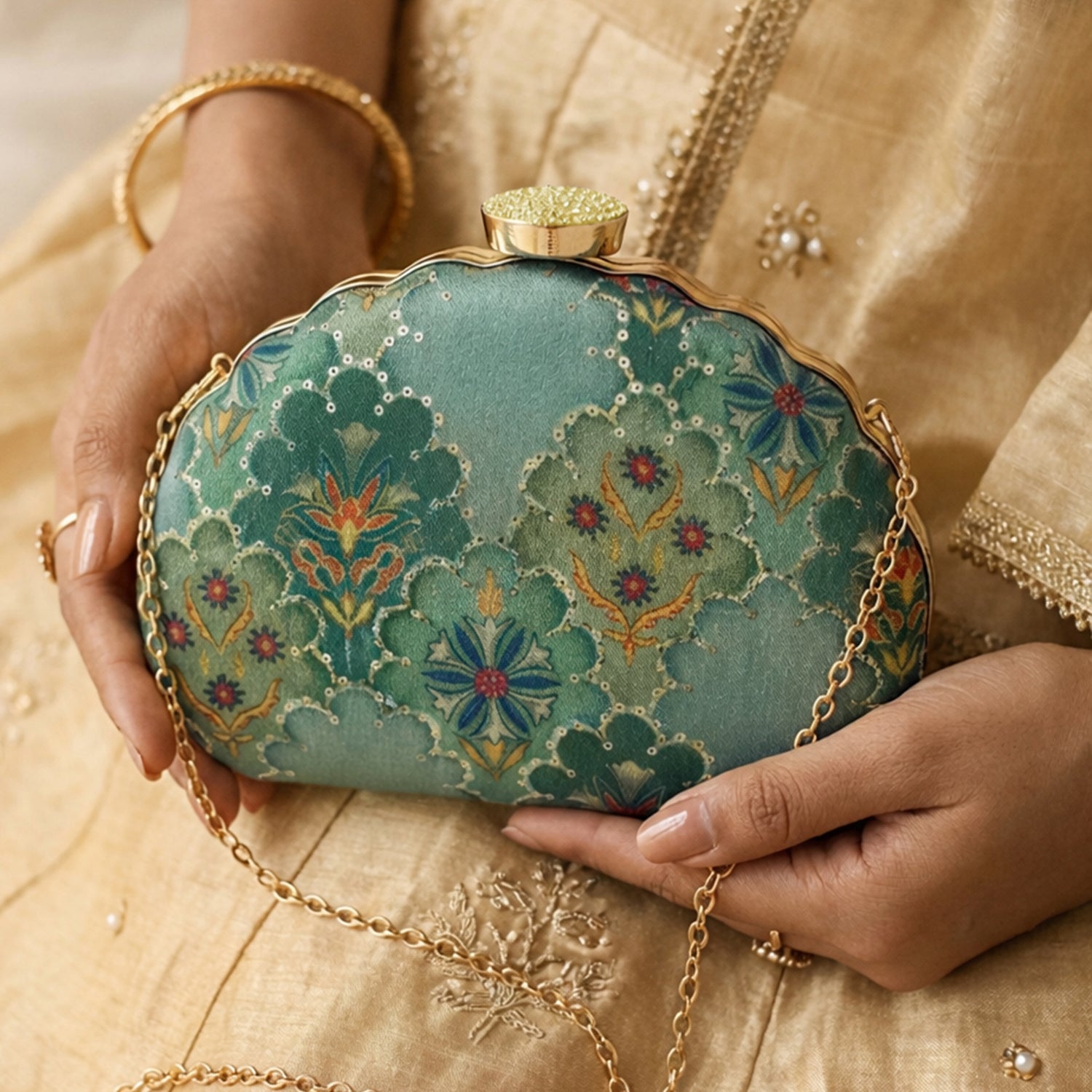 Artklim Elegant Green Floral Ethnic Embroidered Clutch