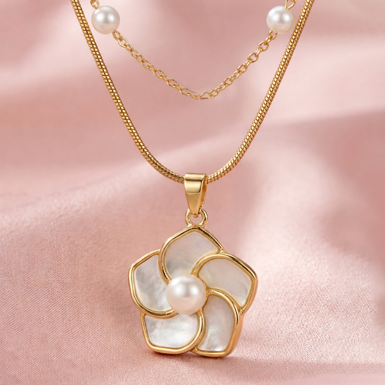 Artklim Gold-Plated Elegant Pearl Layered with Floral Charm Anti-Tarnish Pendant Necklace