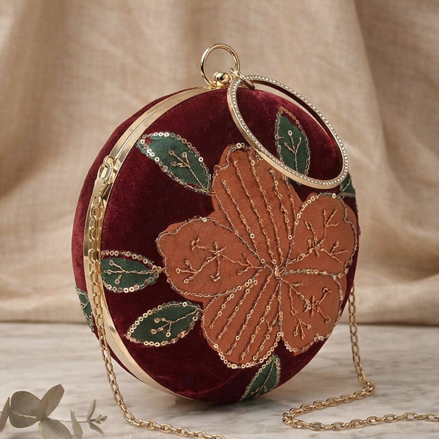 Artklim Ruby Bloom Velvet Embroidered Round Clutch