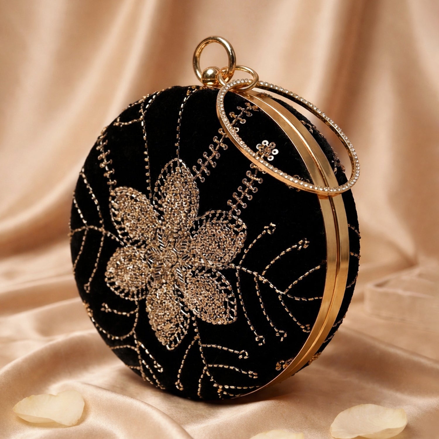 Artklim Black Velvet Floral Round Embroidered Clutch