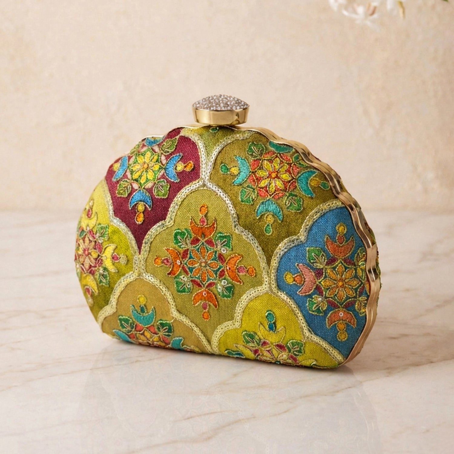 Artklim Elegant Olive Green Embroidred Clutch