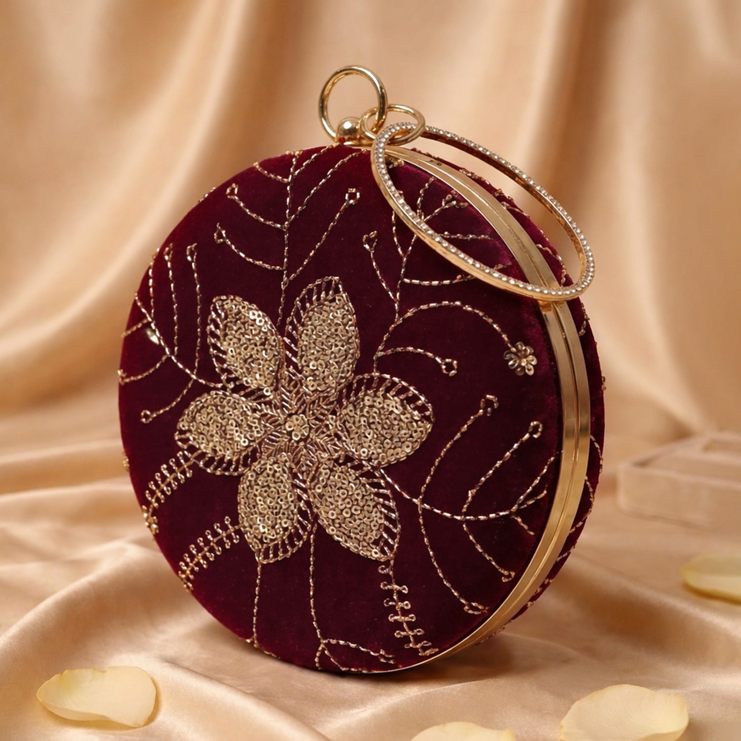 Artklim Maroon Velvet Floral Round Embroidered Clutch