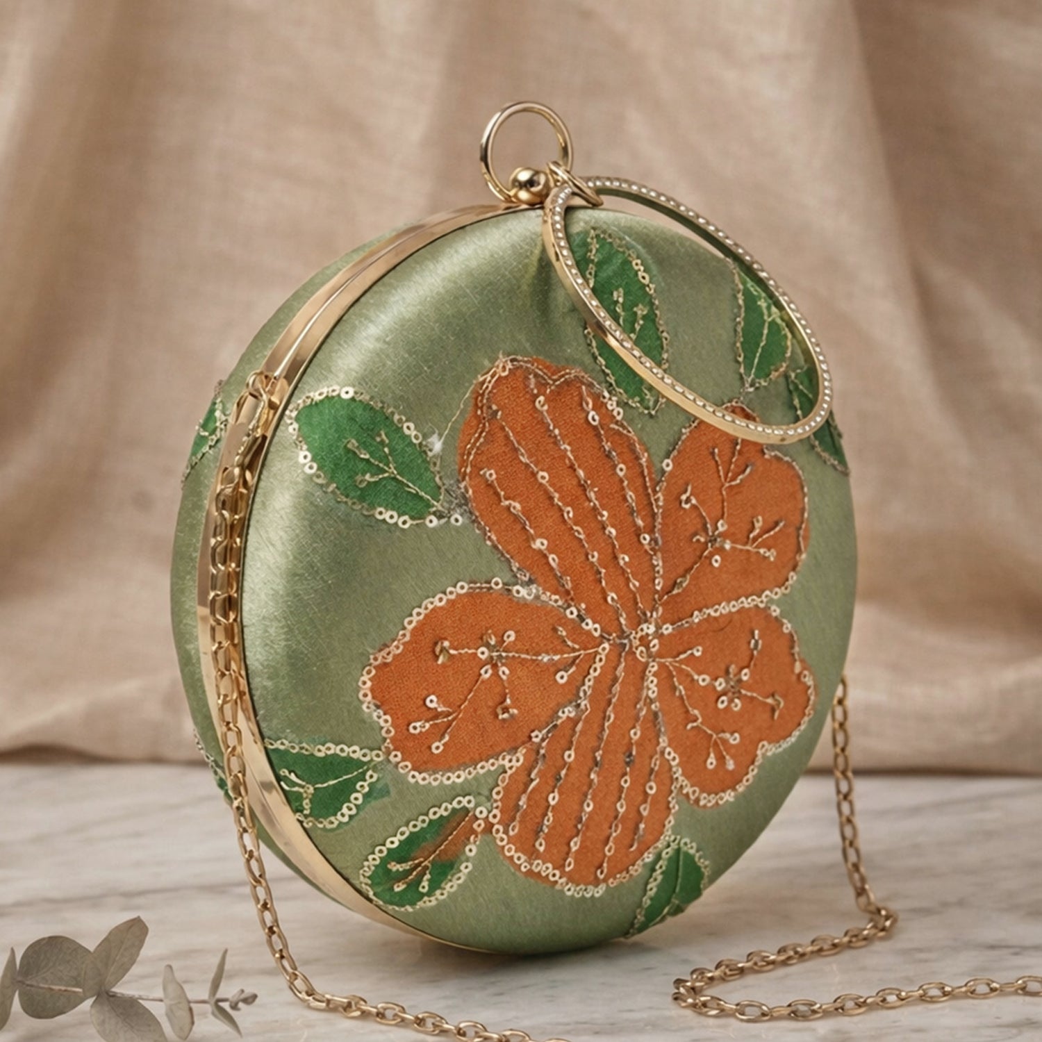 Artklim Sage Blossom Green Satin Floral Embroidered Round Clutch