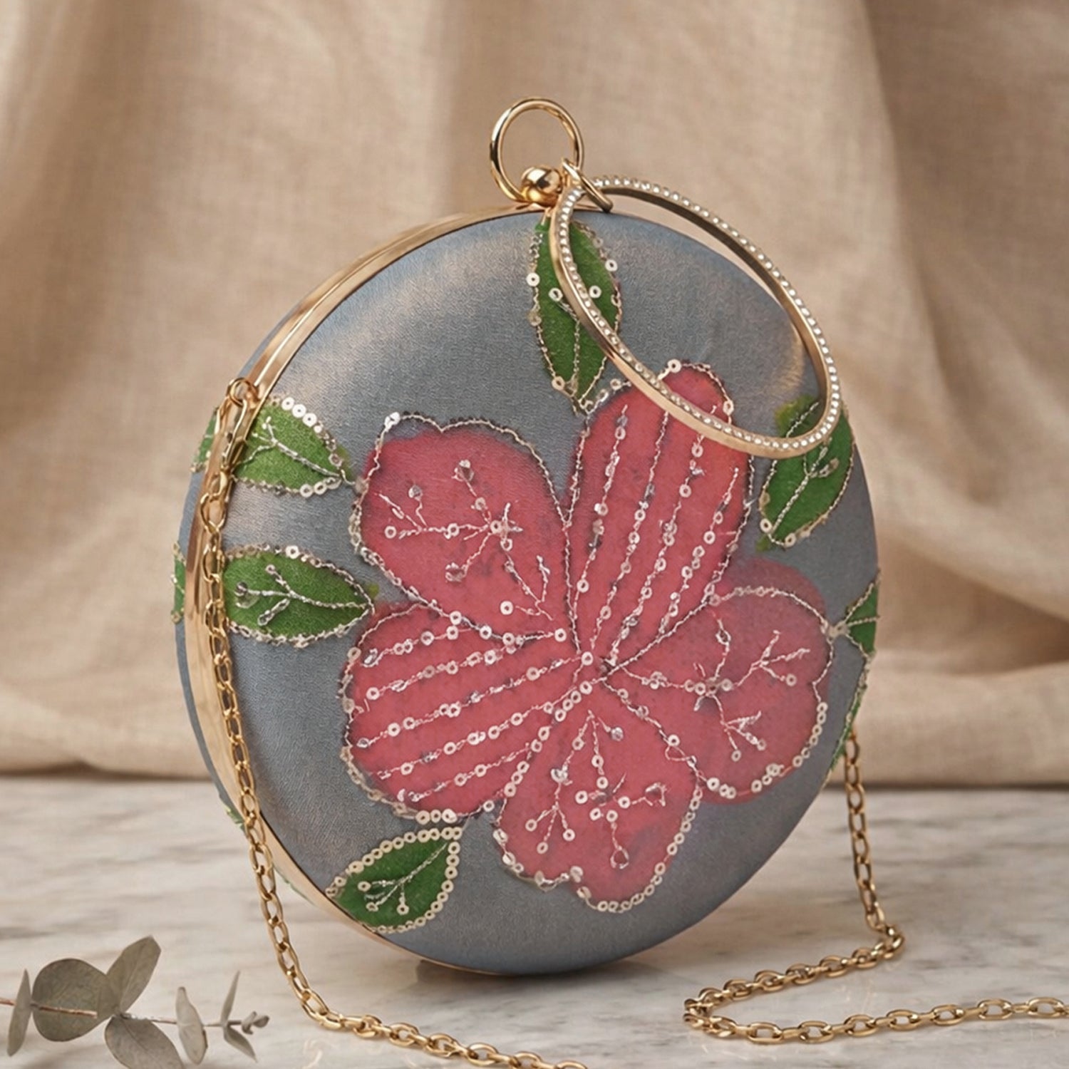 Artklim Silver Mist Floral Embroidered Round Clutch