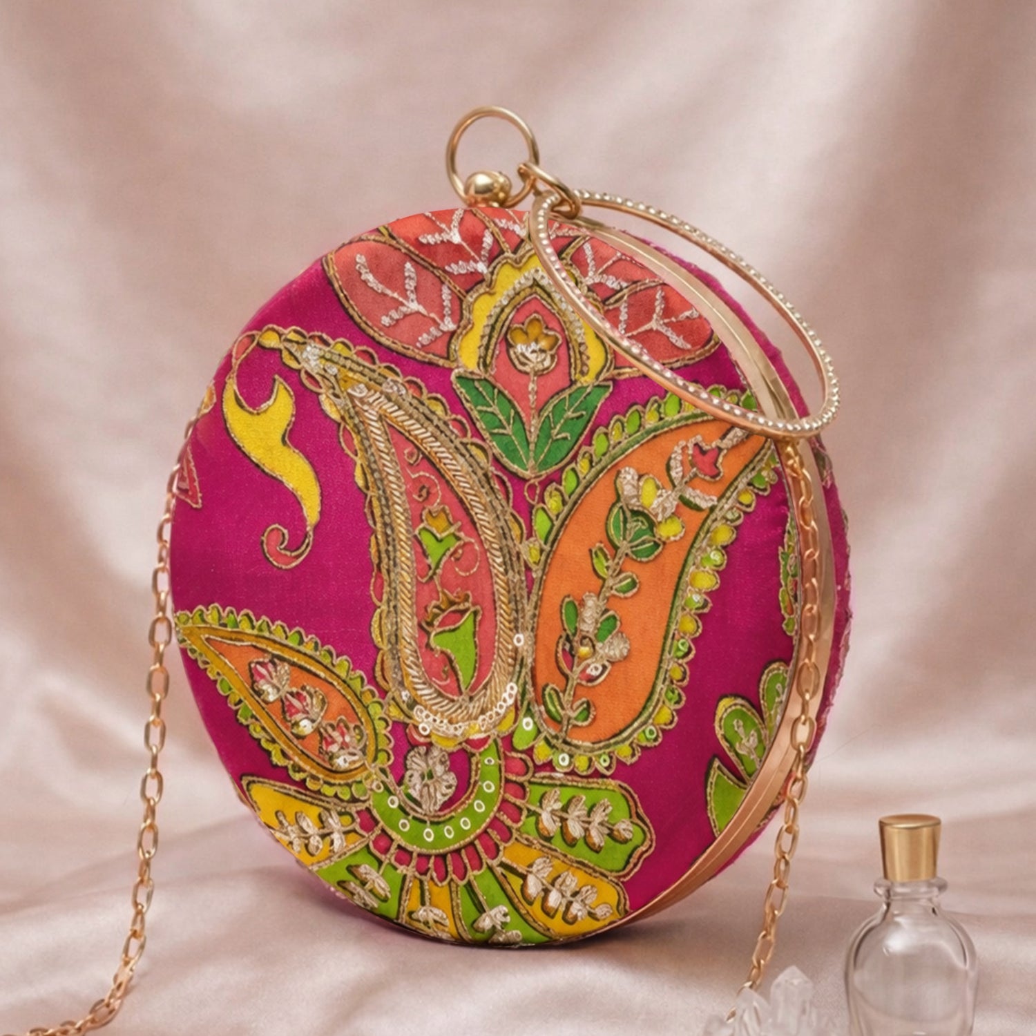 Artklim Pink Ethnic Round Embroidered Clutch