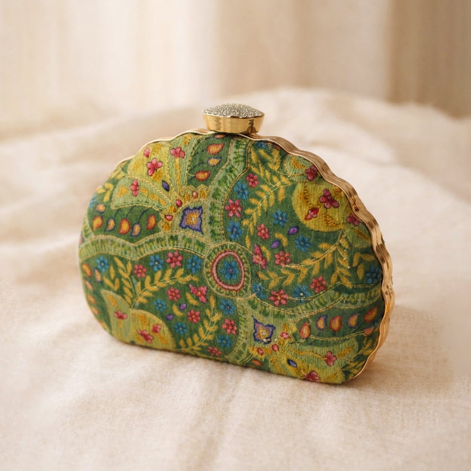 Artklim Elegant Dark Green Floral Ethnic Embroidered Clutch