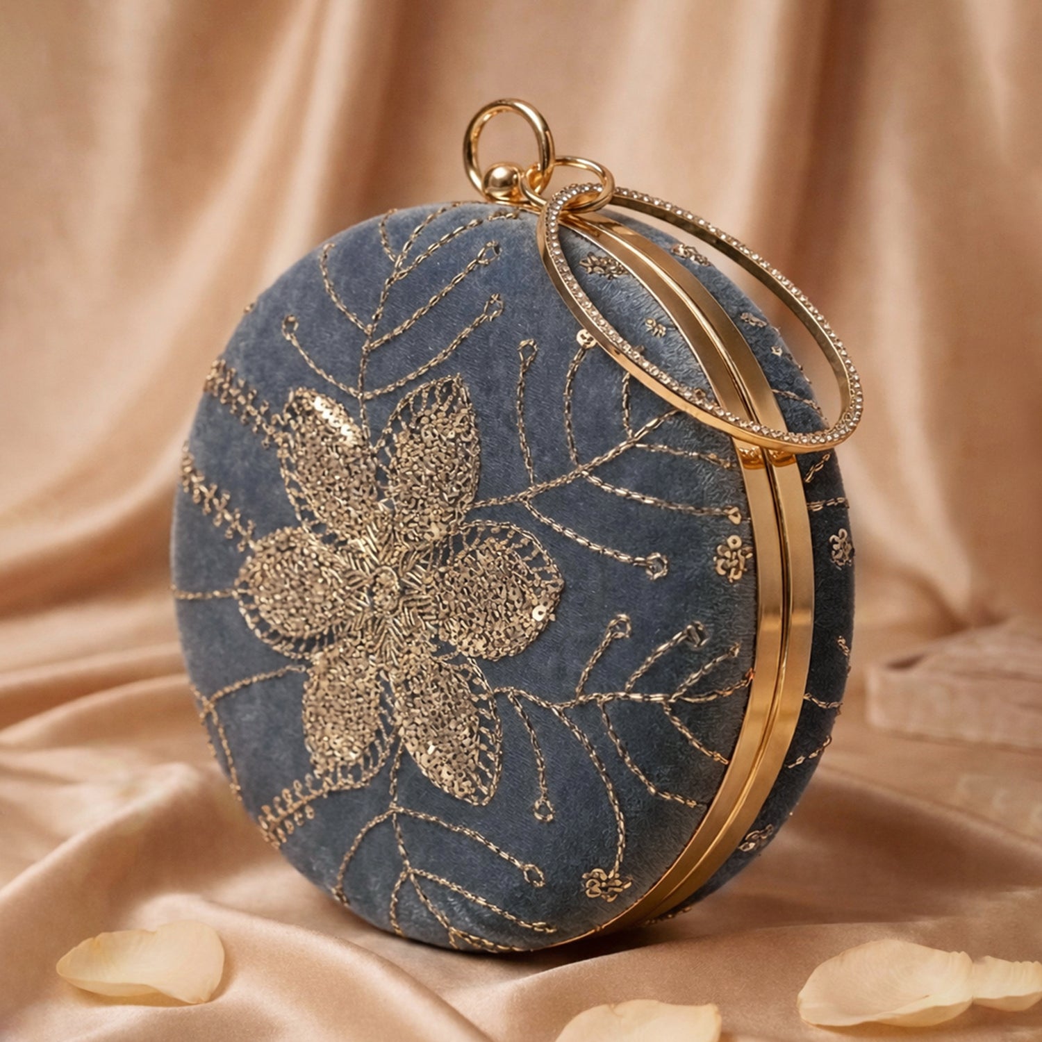 Artklim Dusty Blue Velvet Floral Round Embroidered Clutch