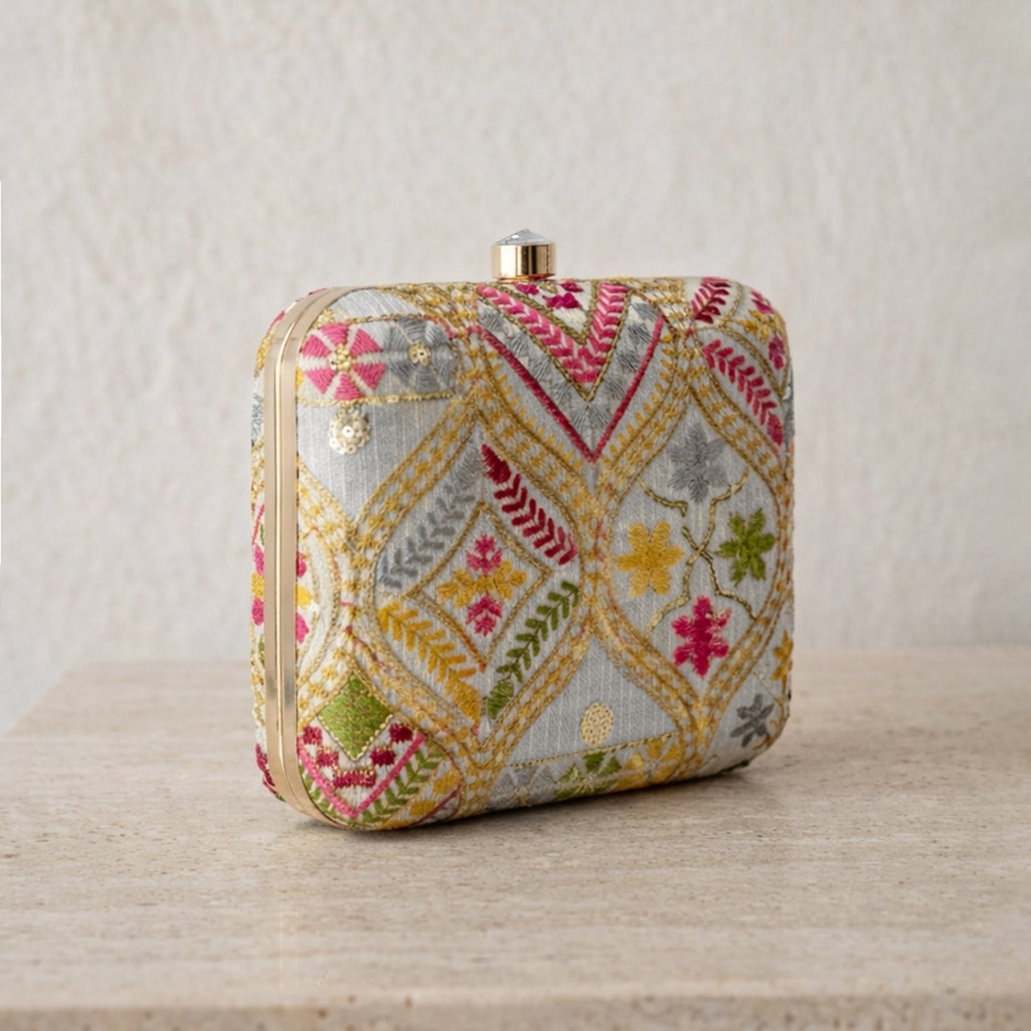 Artklim Elegant Multicolor Floral Embroidered Box Clutch