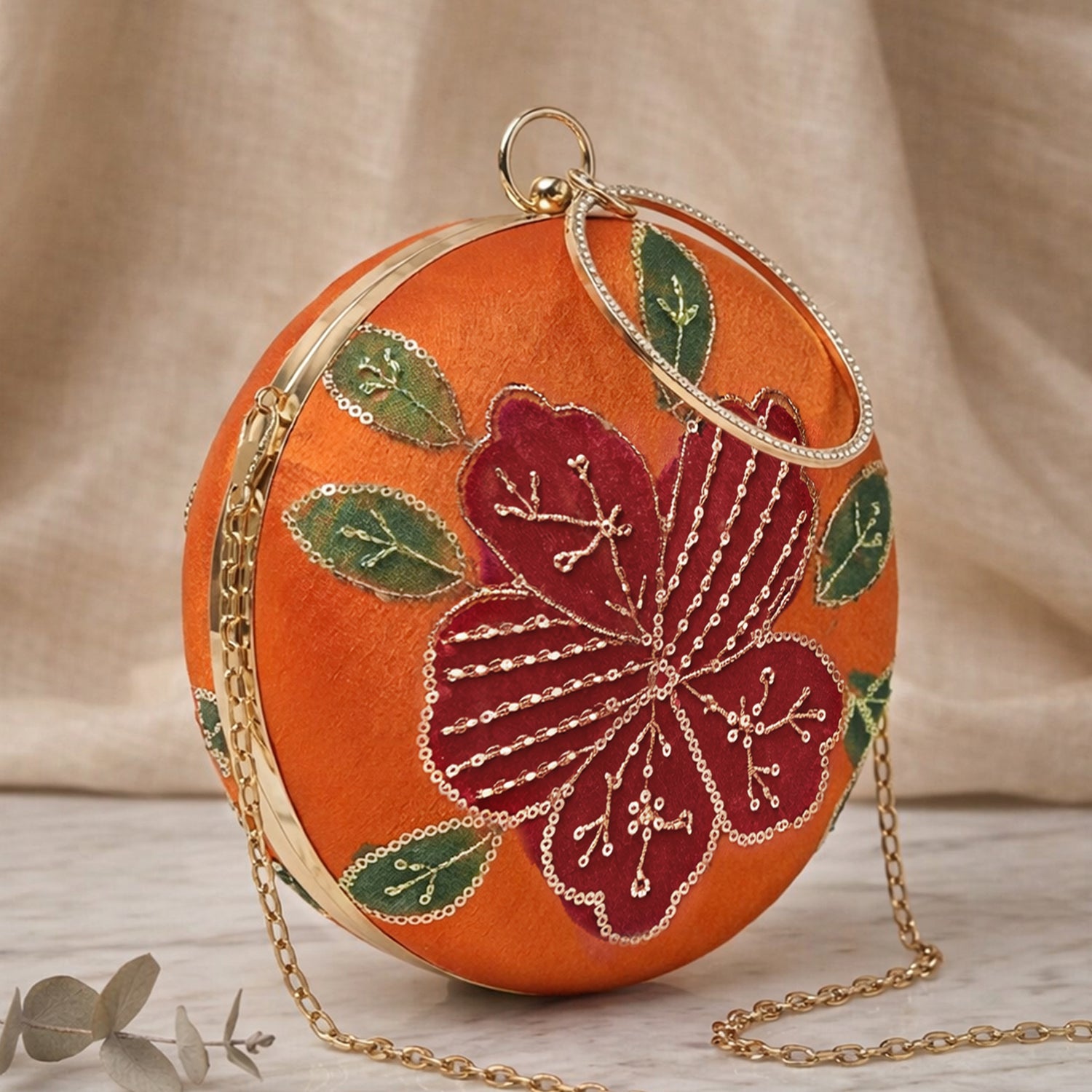 Artklim Sunset Glow Orange Floral Embroidered Round Clutch