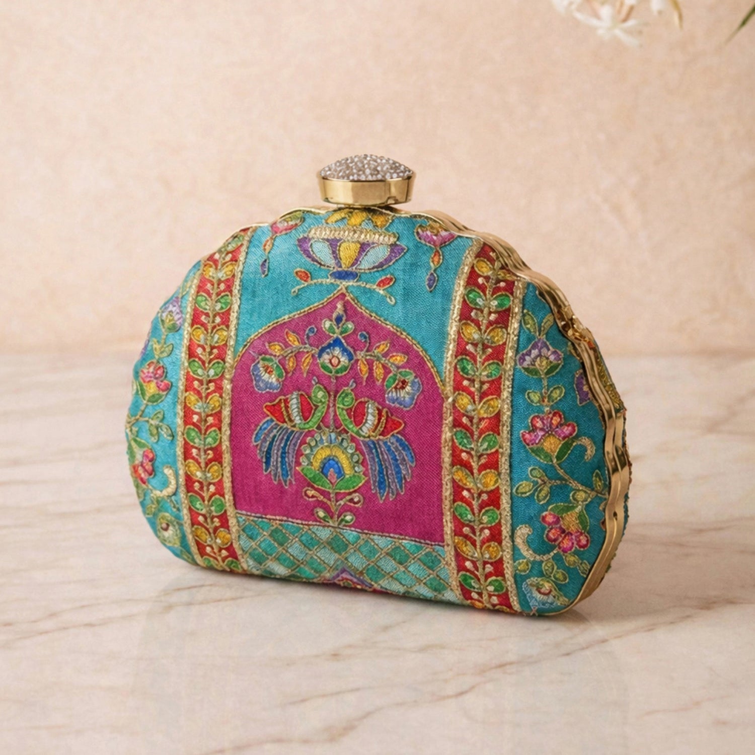 Artklim Elegant Blue & Pink Traditional Motif Embroidred Clutch
