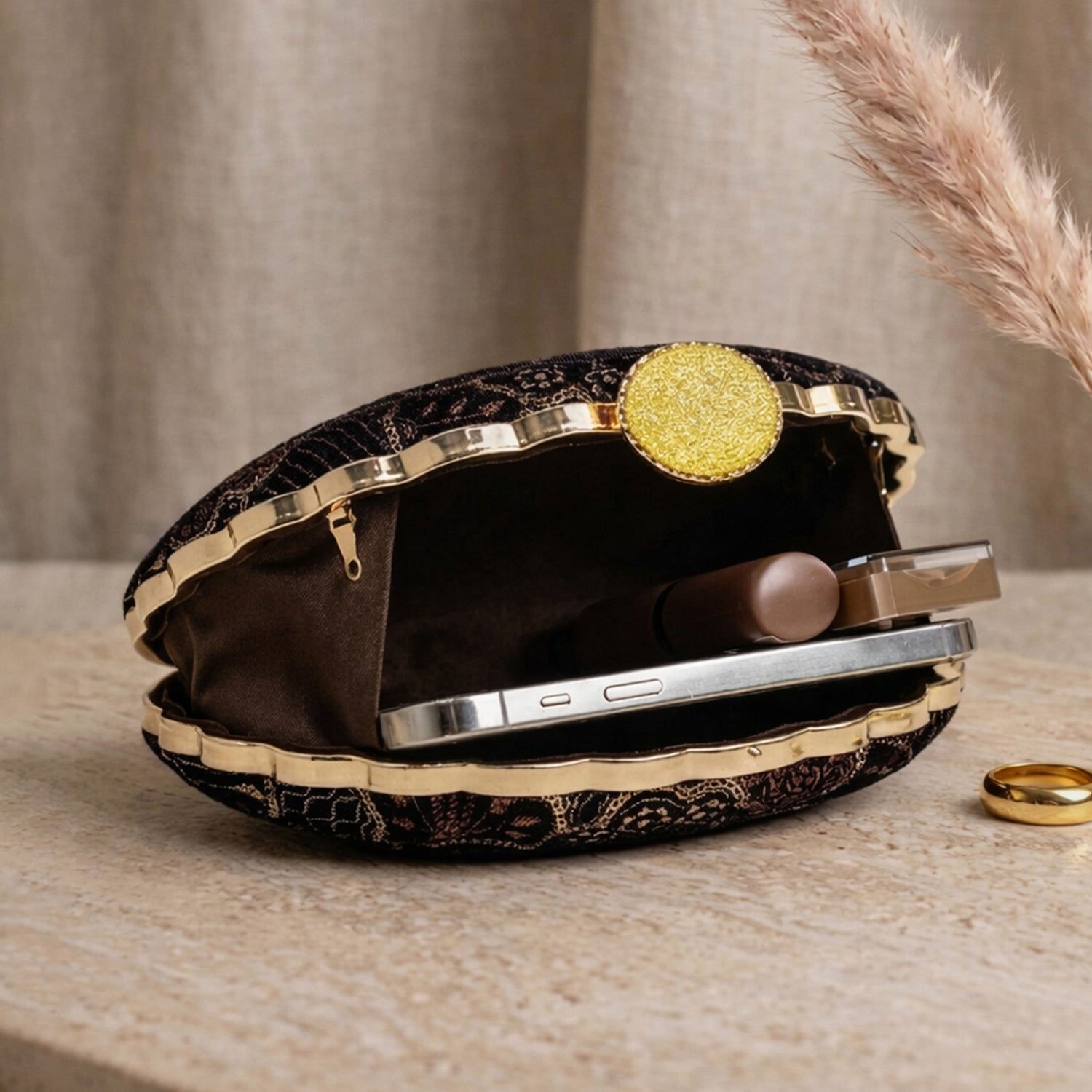 Artklim Black Patchwork Embroidered Clutch