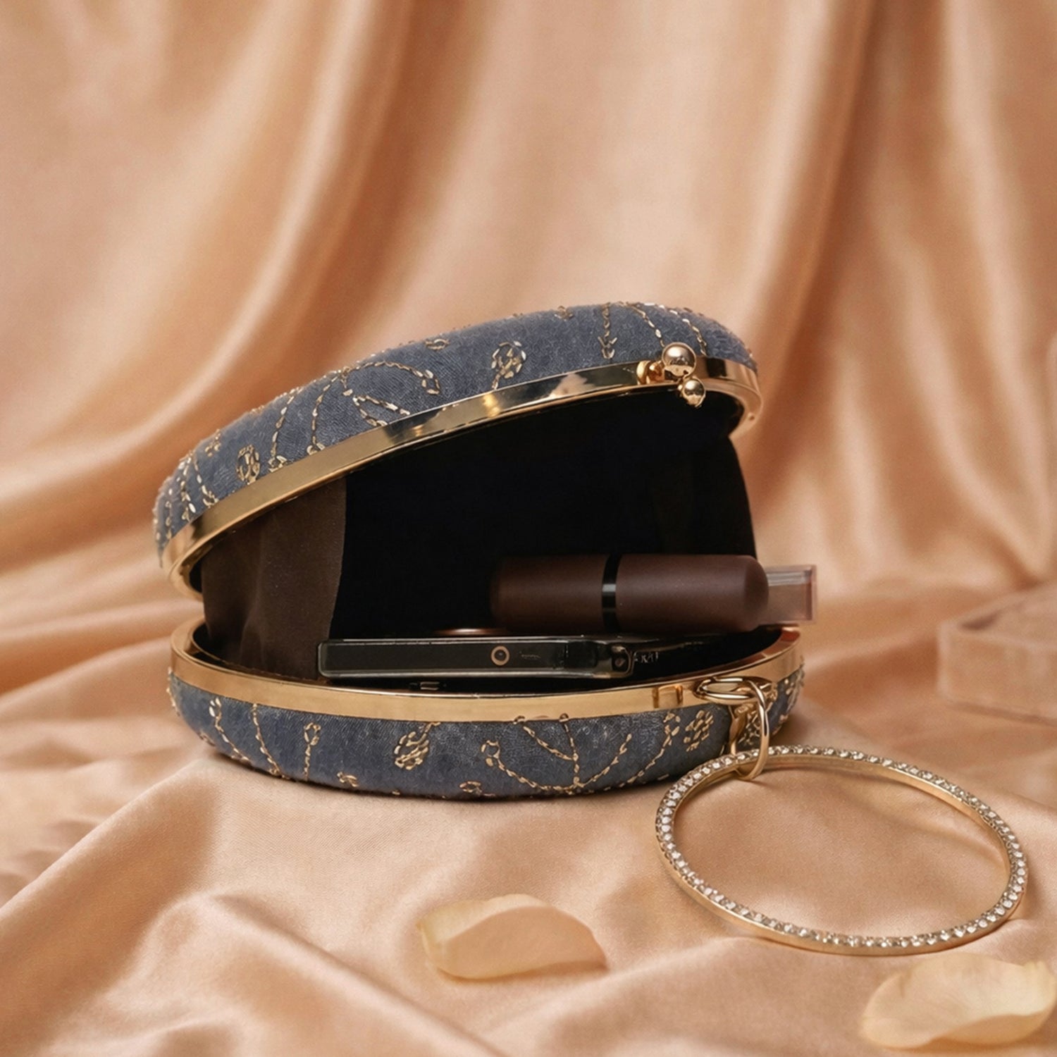 Artklim Dusty Blue Velvet Floral Round Embroidered Clutch