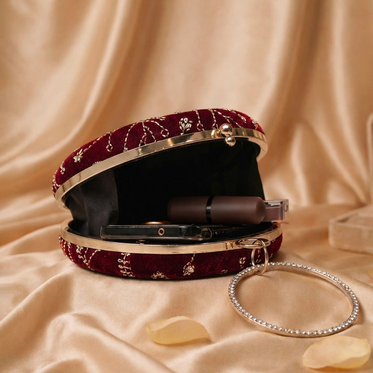 Artklim Maroon Velvet Floral Round Embroidered Clutch
