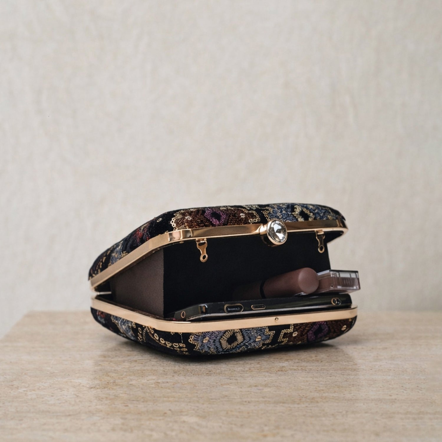 Artklim Elegant Black Multicolor Embroidered Box Clutch