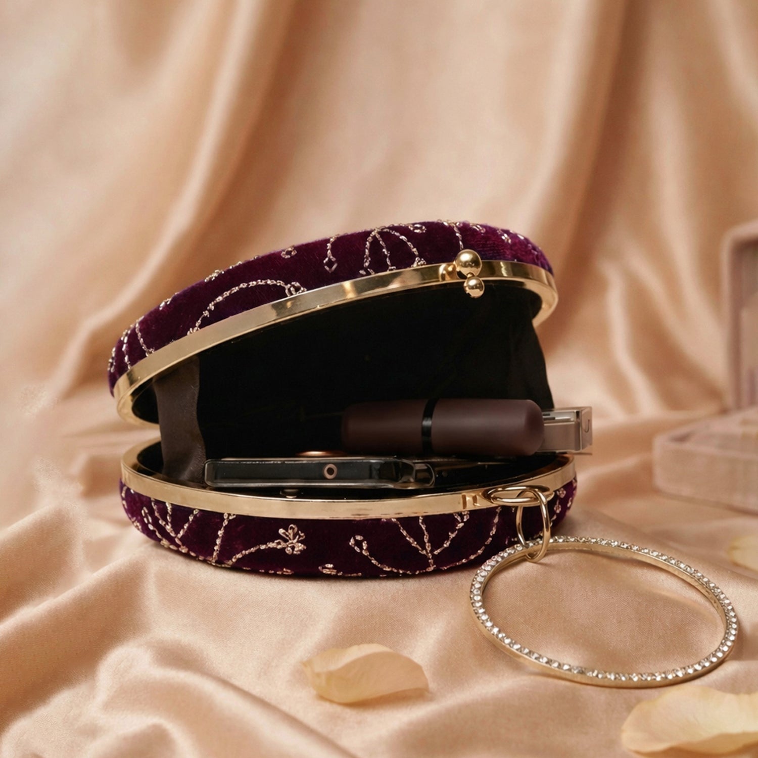 Artklim Wine Velvet Floral Round Embroidered Clutch