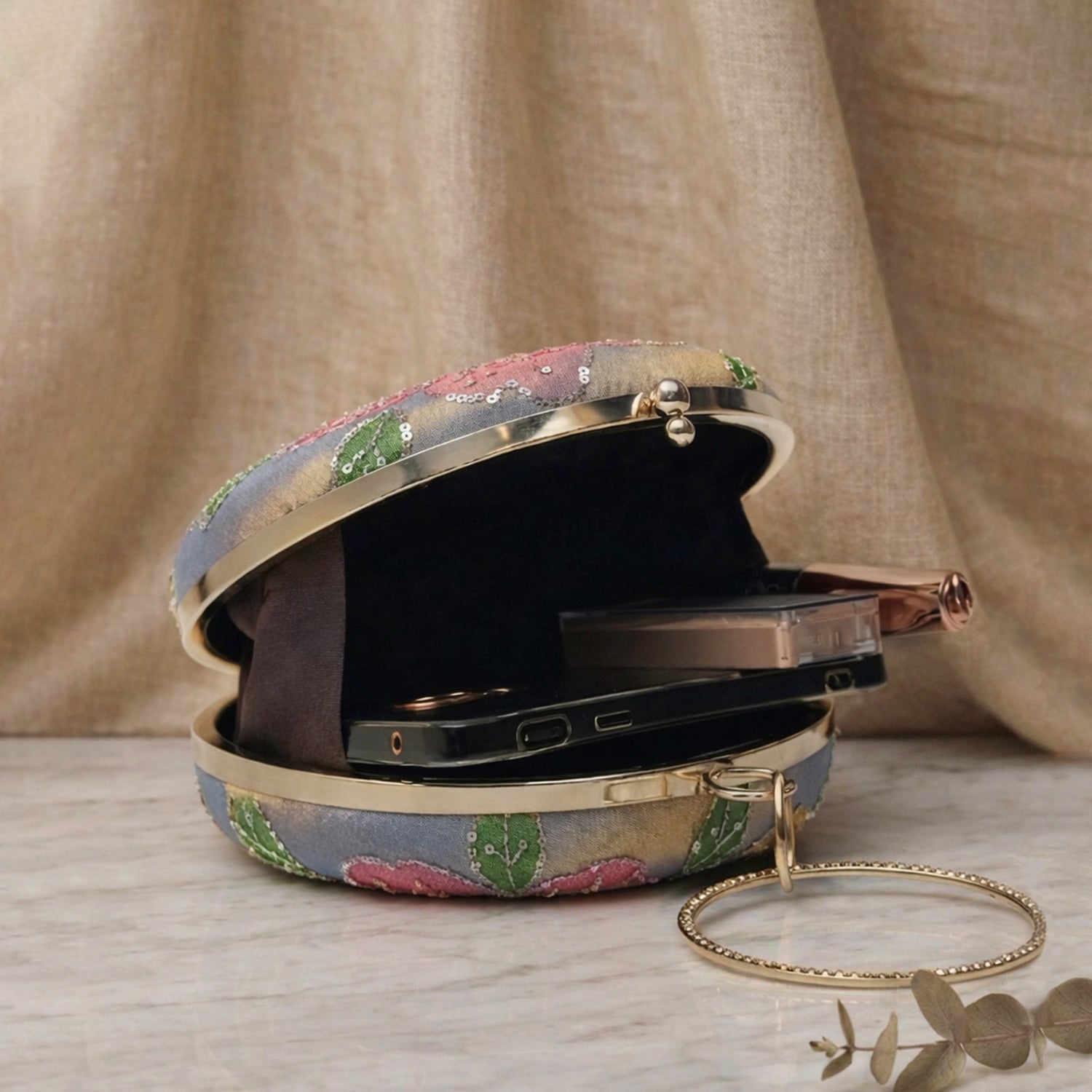 Artklim Silver Mist Floral Embroidered Round Clutch