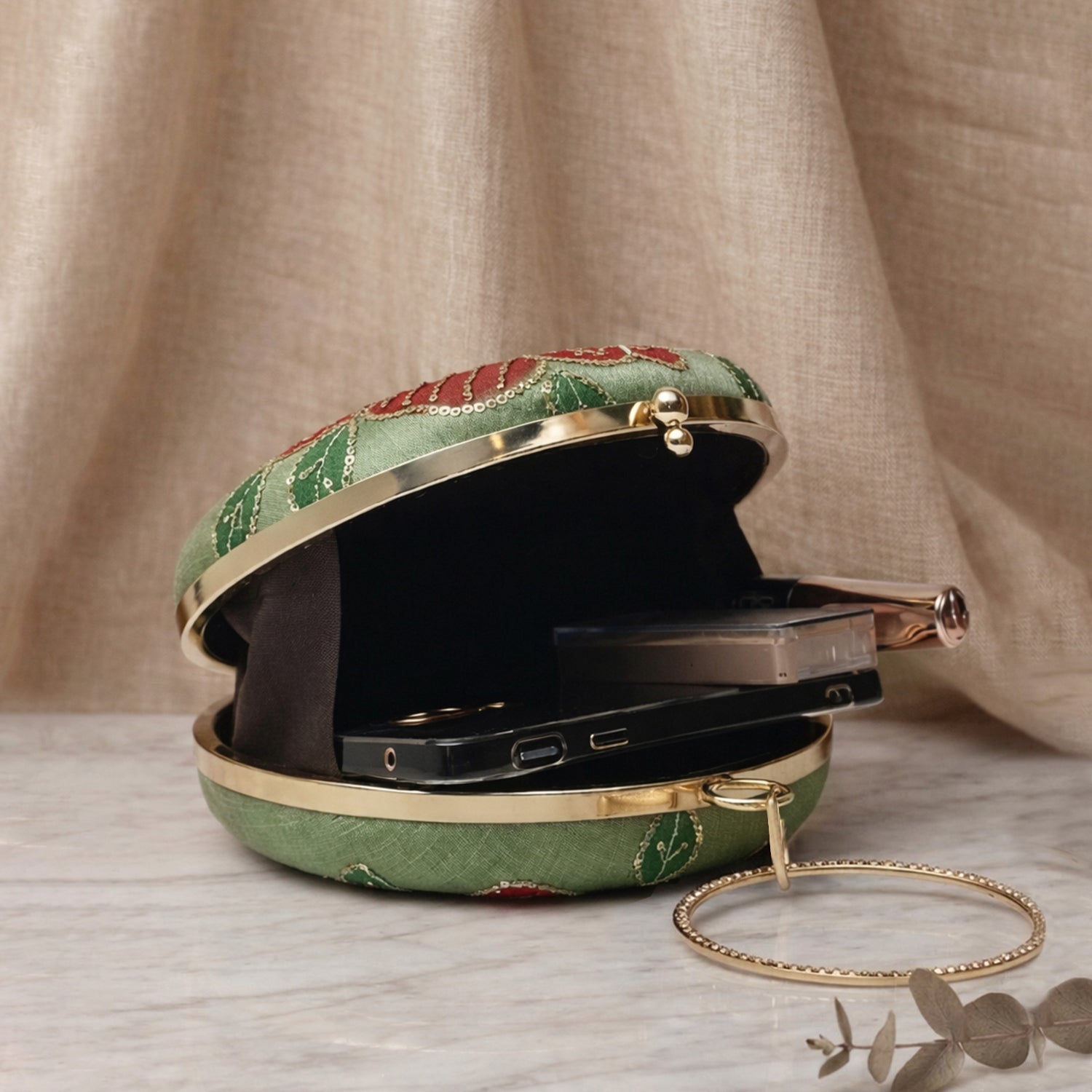 Artklim Sage Blossom Green Satin Floral Embroidered Round Clutch