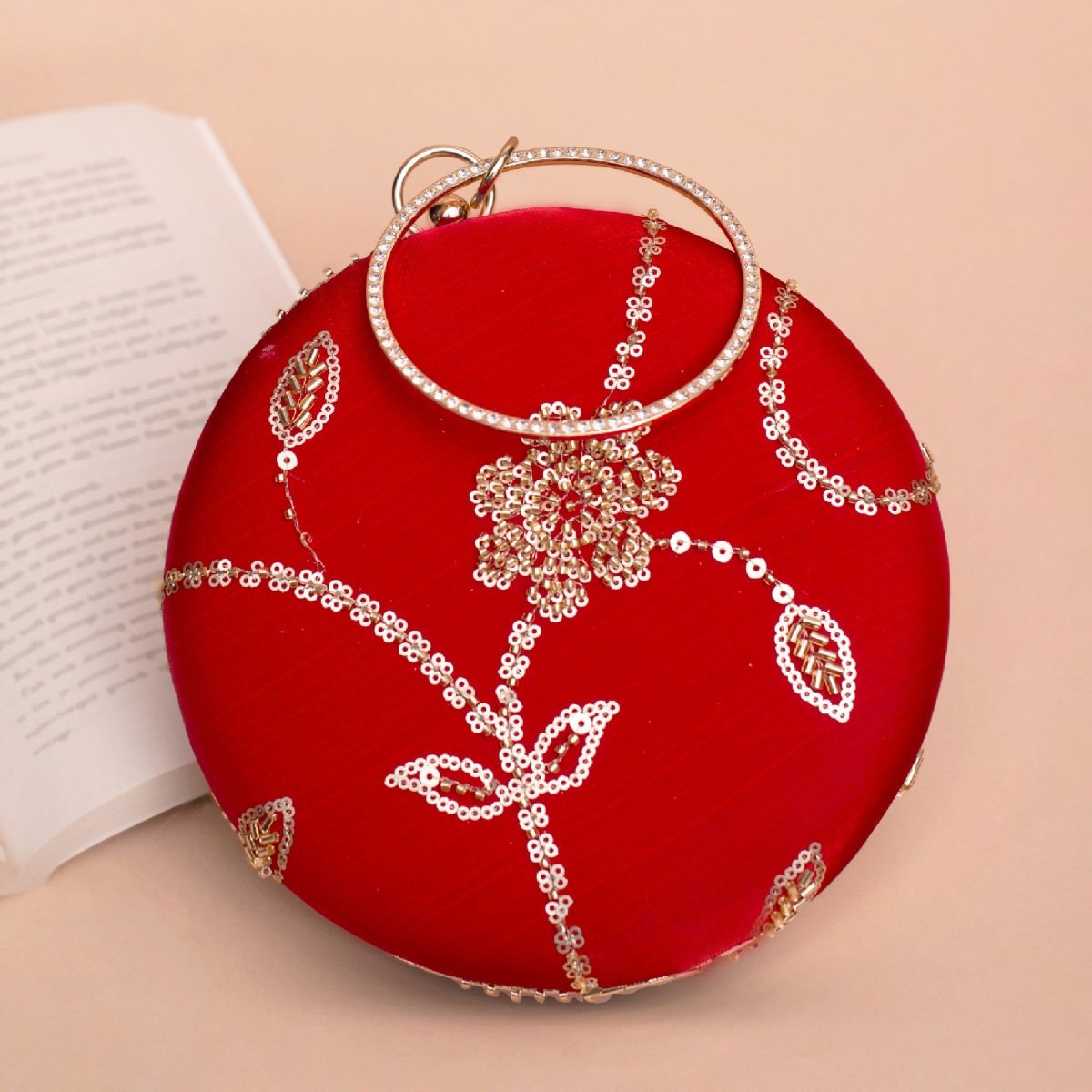 Artklim Bright Red Based Golden Sequins Embroidery Clutch