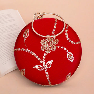 Artklim Bright Red Based Golden Sequins Embroidery Clutch