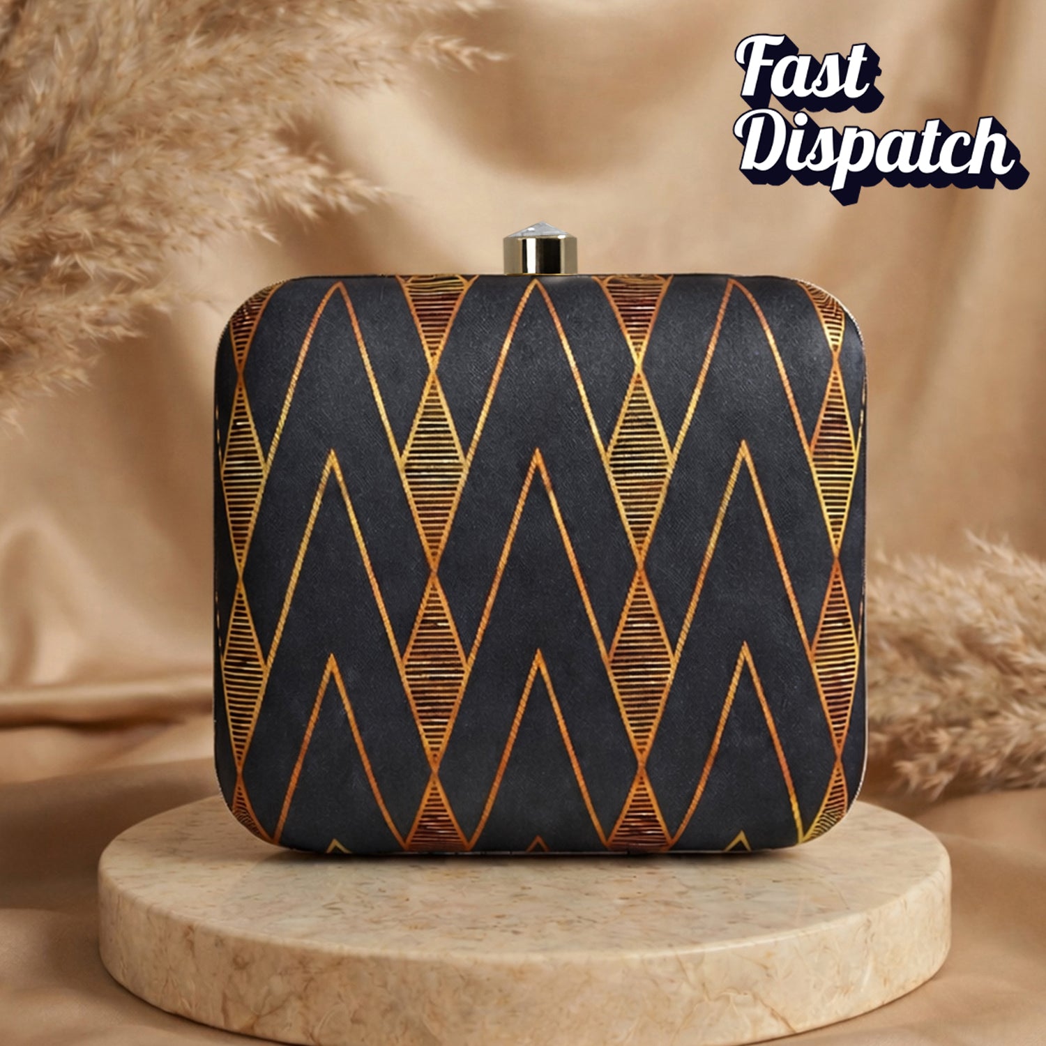 Artklim Black Gold Geometric Pattern Clutch