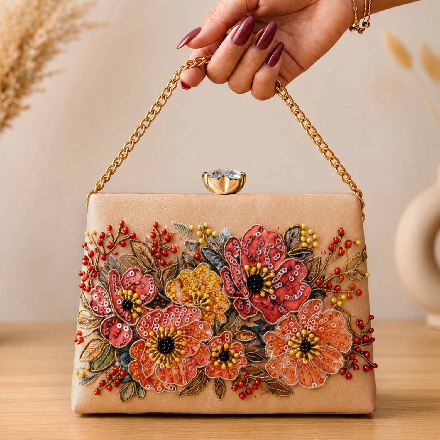 Artklim Printed Champagne Floral Beaded Clutch with Hand Embroidery