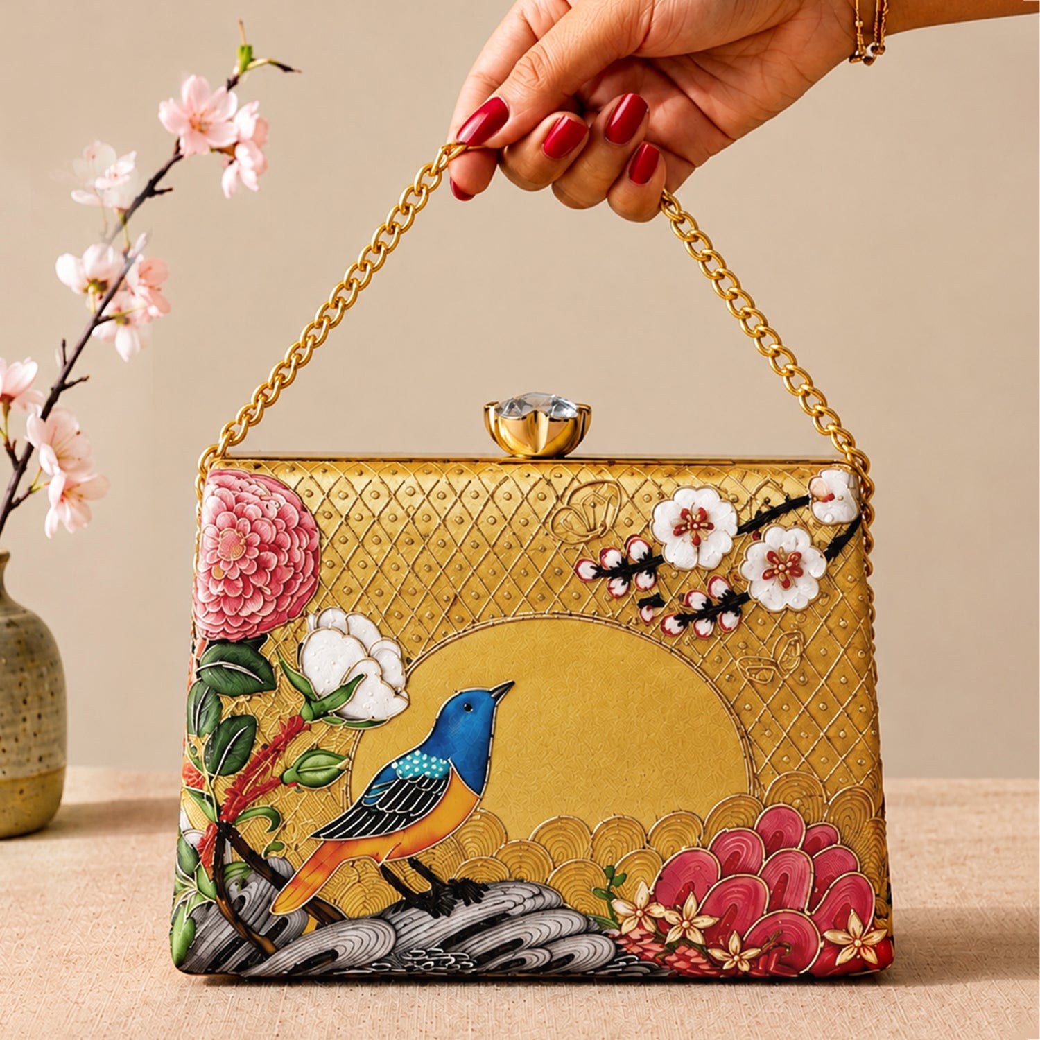 Artklim Printed Golden Songbird Garden Clutch with Hand Embroidery