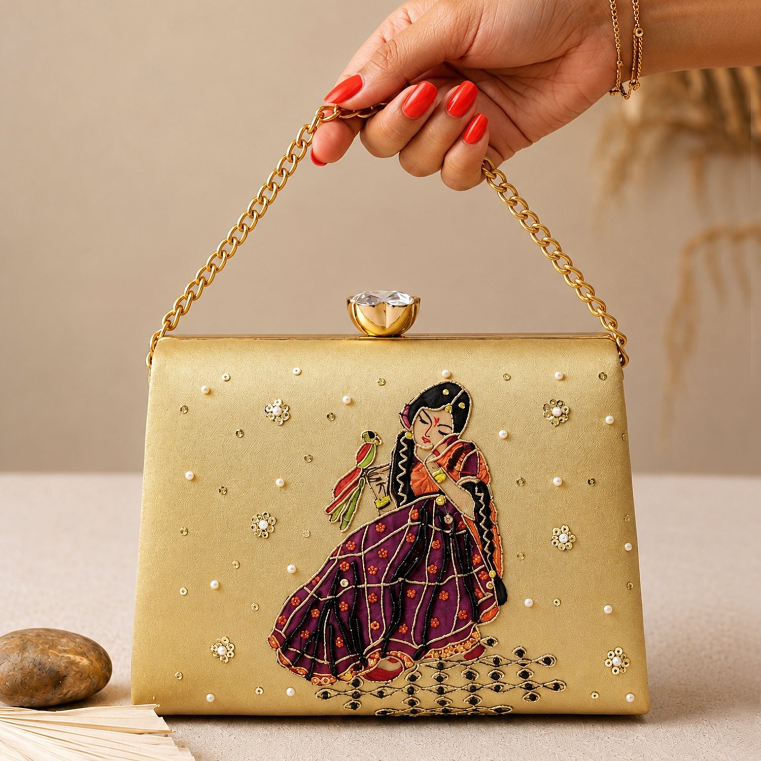 Artklim Royal Rajasthani Muse Embroidered Gold Clutch