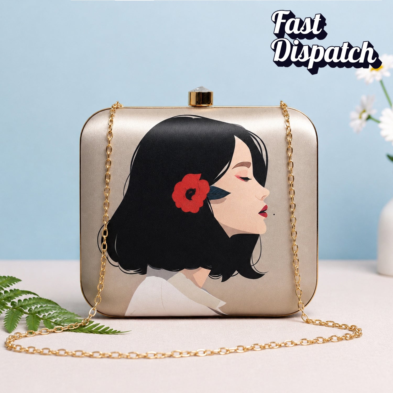 Short Hair Girl With Flower Printed Clutch