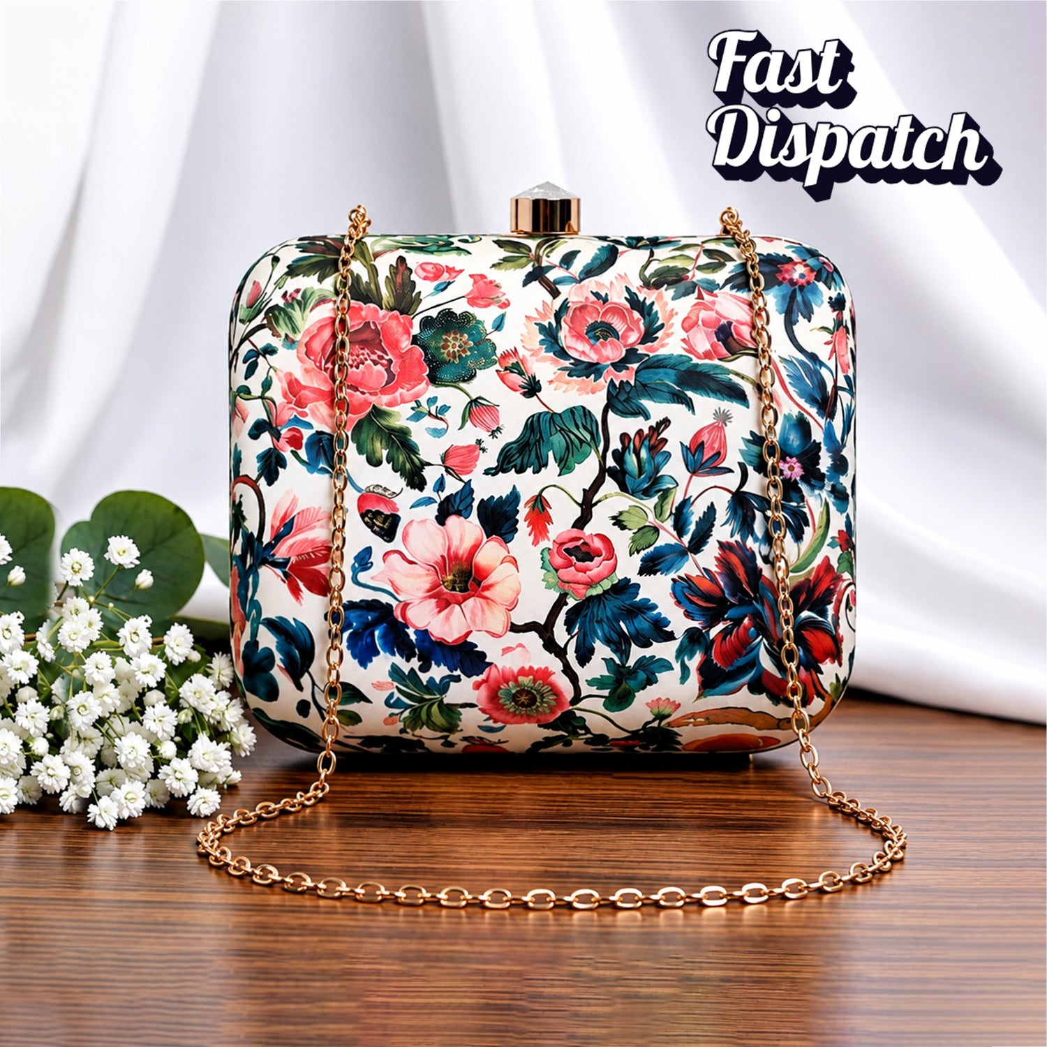 White Based Pink Floral Printed Clutch