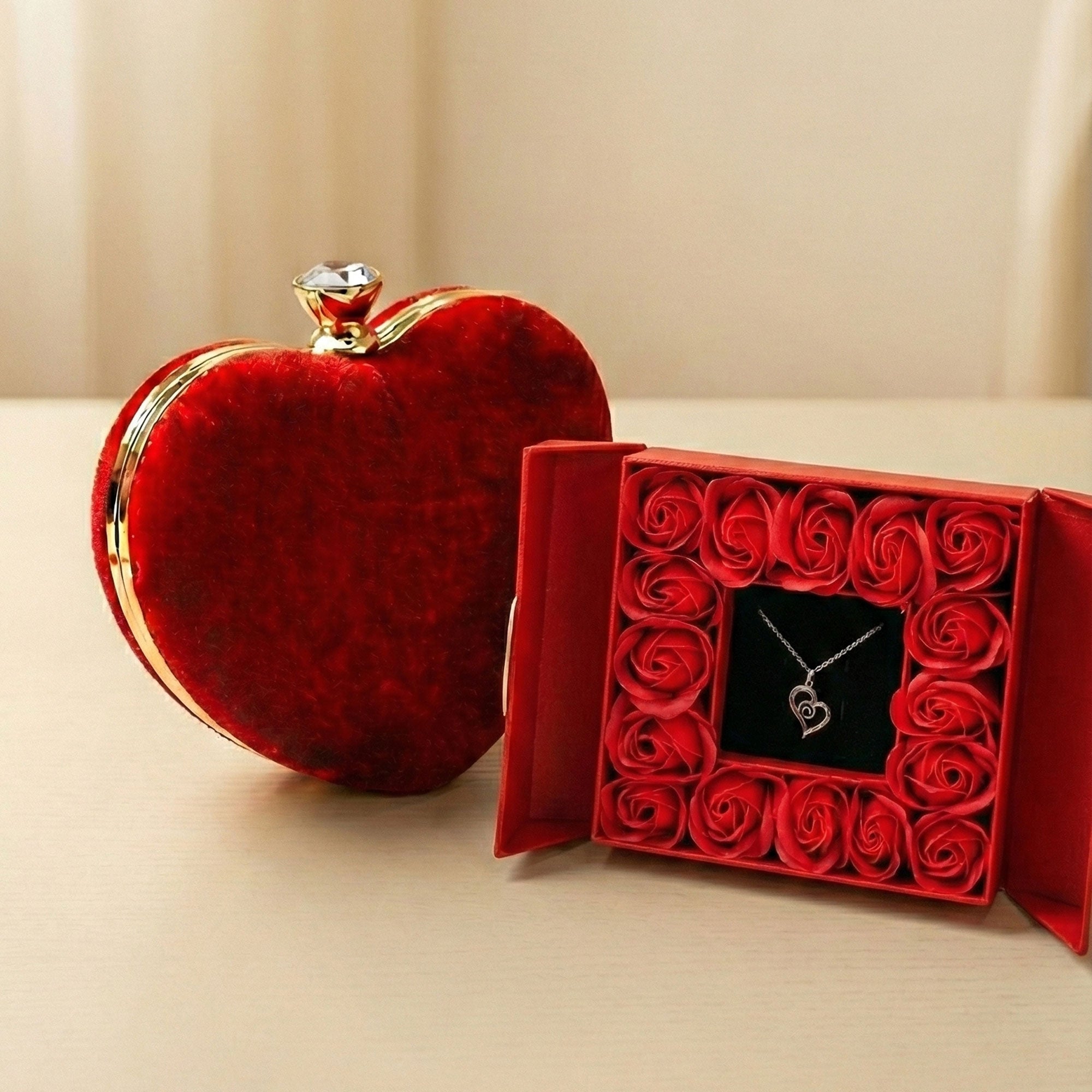Valentine Special Red Velvet Heart Clutch & Eternal Red Roses Gift Box with Heart Design Necklace