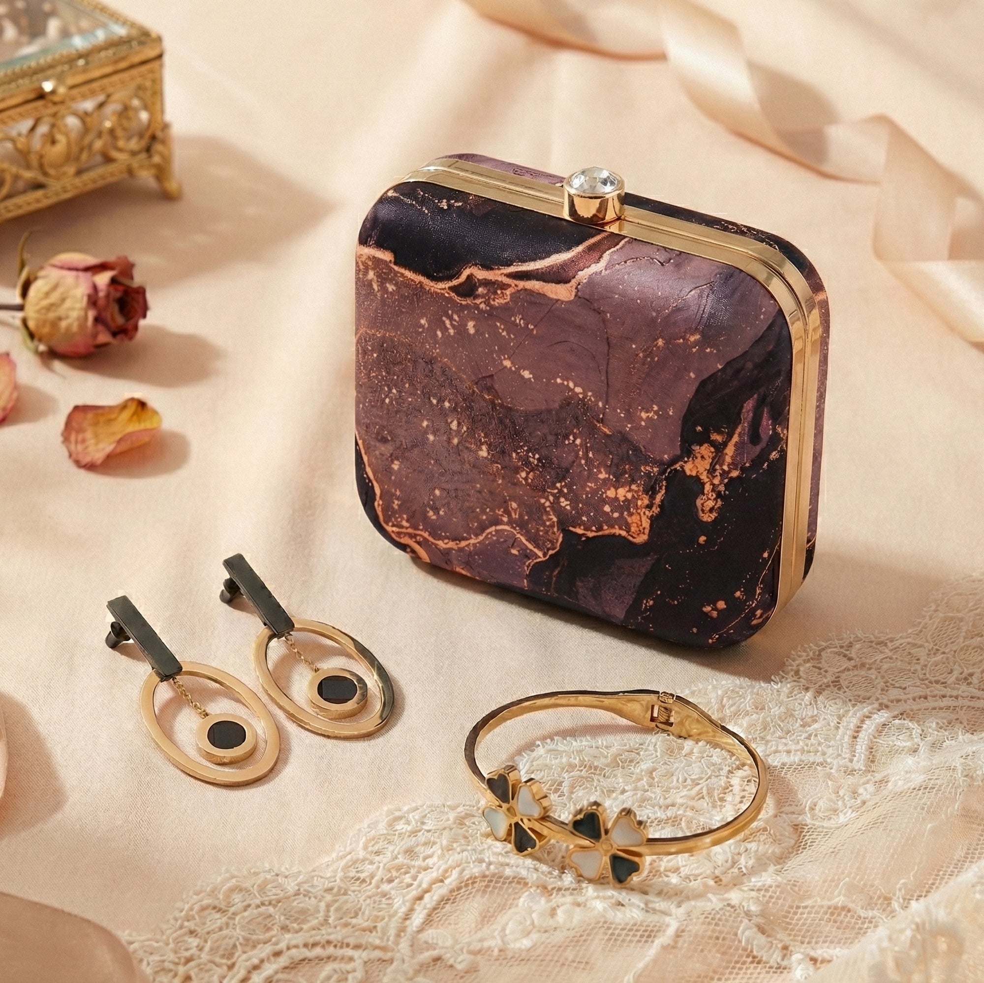 Gift-Ready Resin Printed clutches, Flower fusion Bangle, & hoop earrings Combo